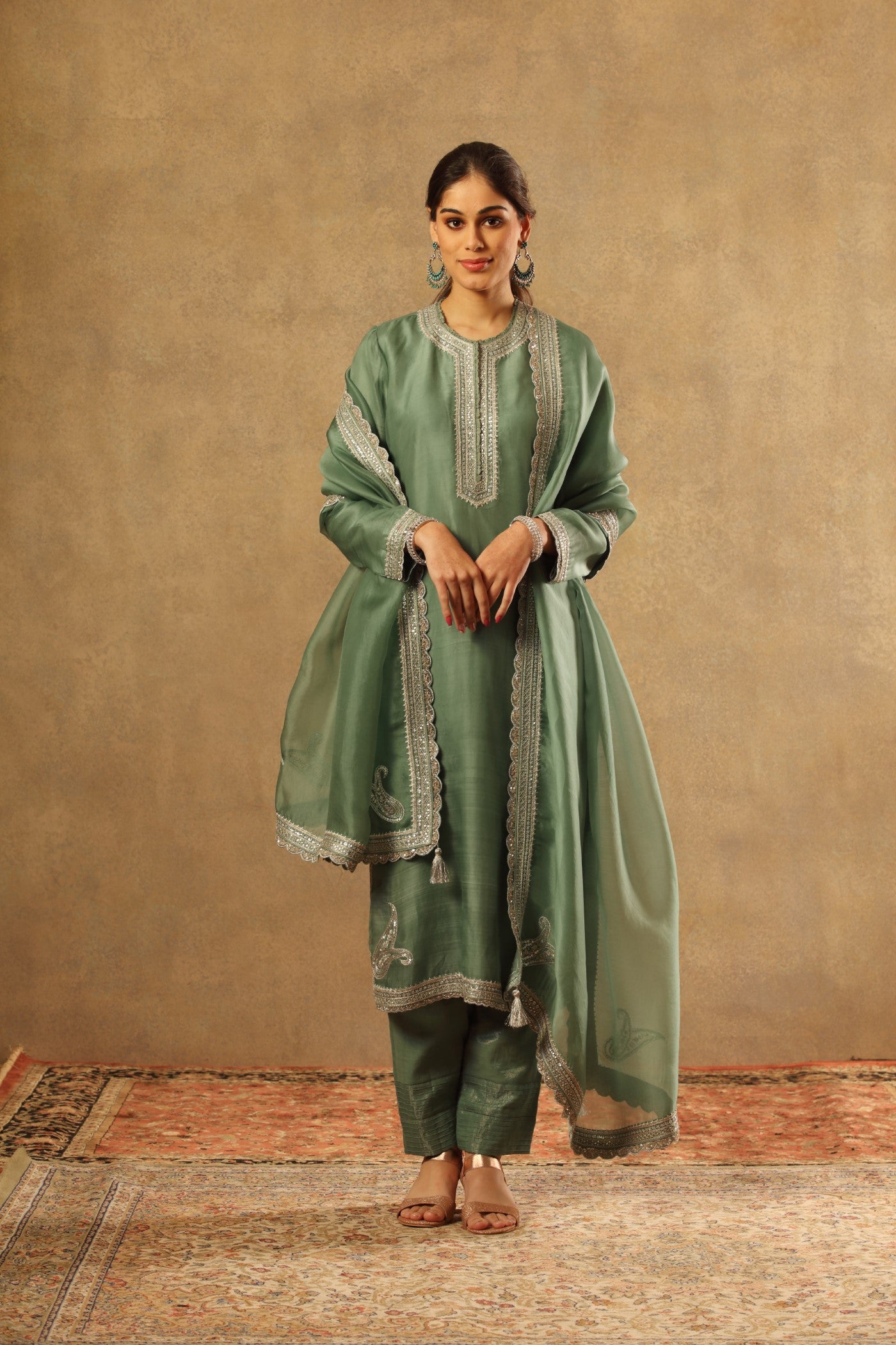 Hand Embroidered Canton Green Pure Katan Silk Kurta Pants Set