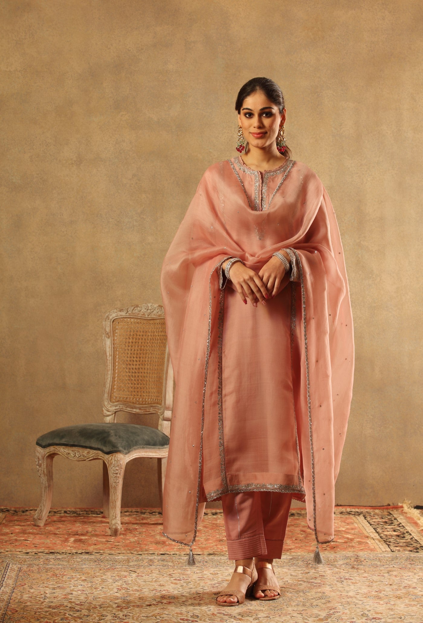 Hand Embroidered Dusty Pink Pure Katan Silk Kurta Pants Set