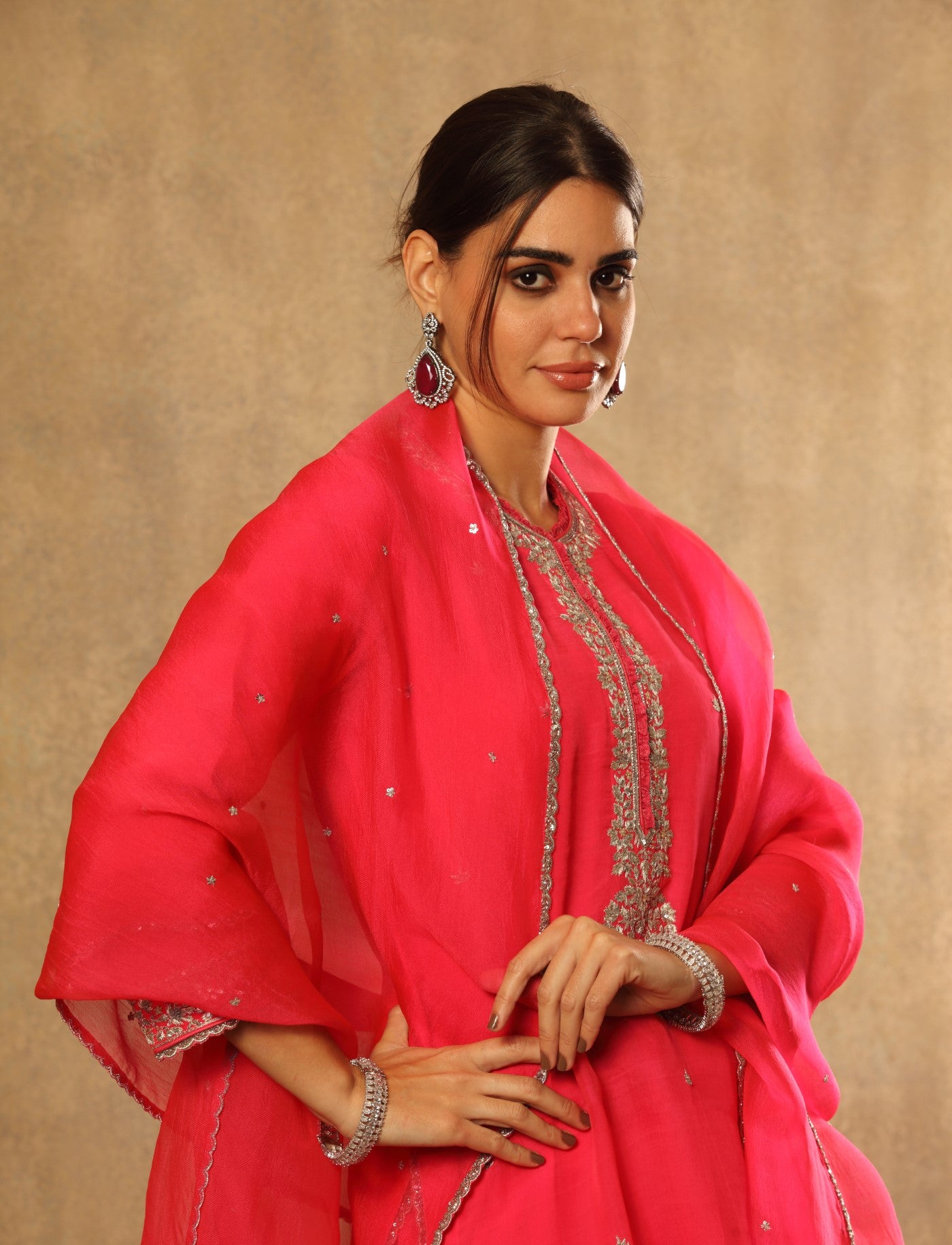 Hand Embroidered Neon Candy Pink Pure Katan Silk Kurta Pants Set