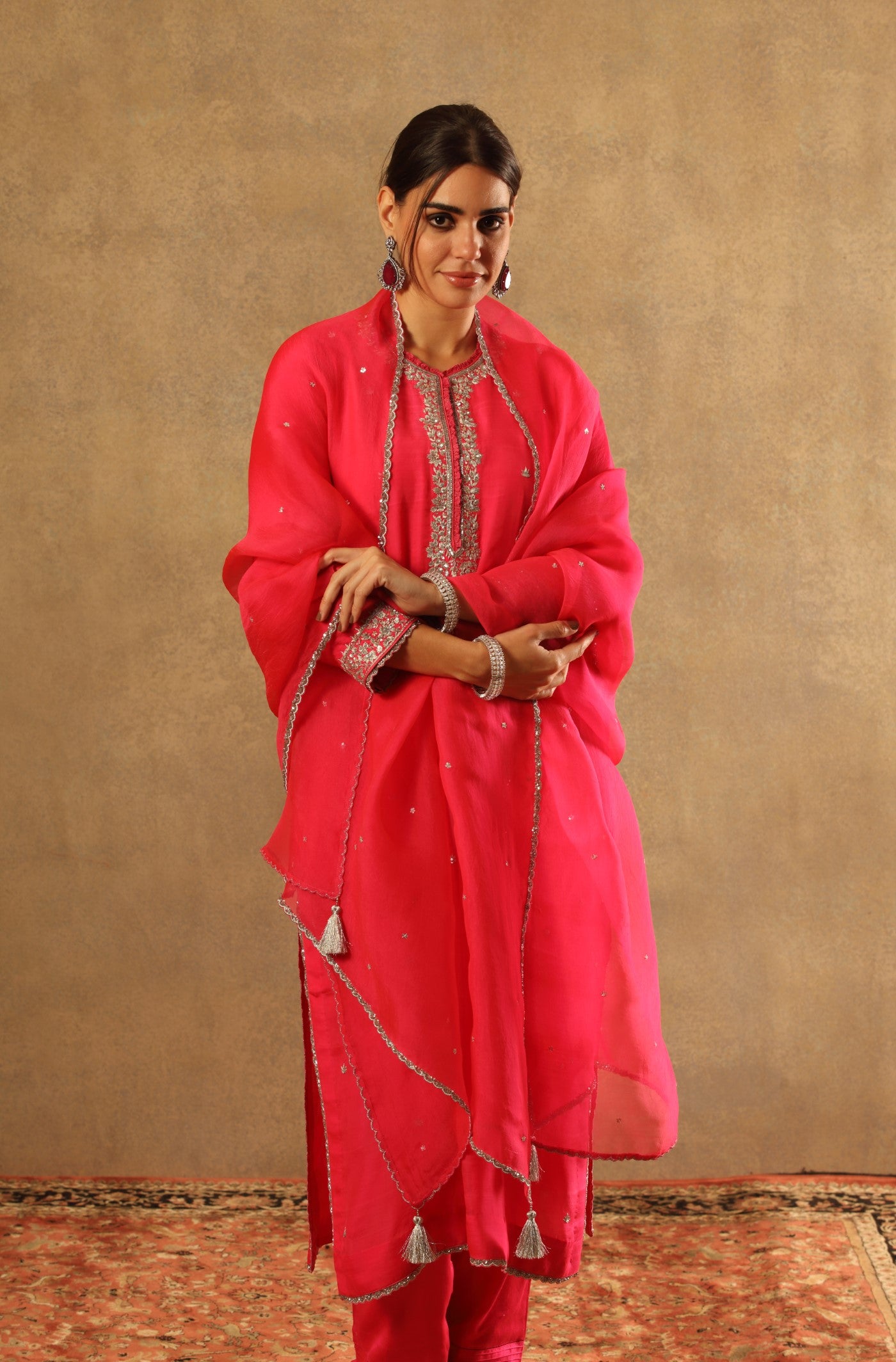 Hand Embroidered Neon Candy Pink Pure Katan Silk Kurta Pants Set