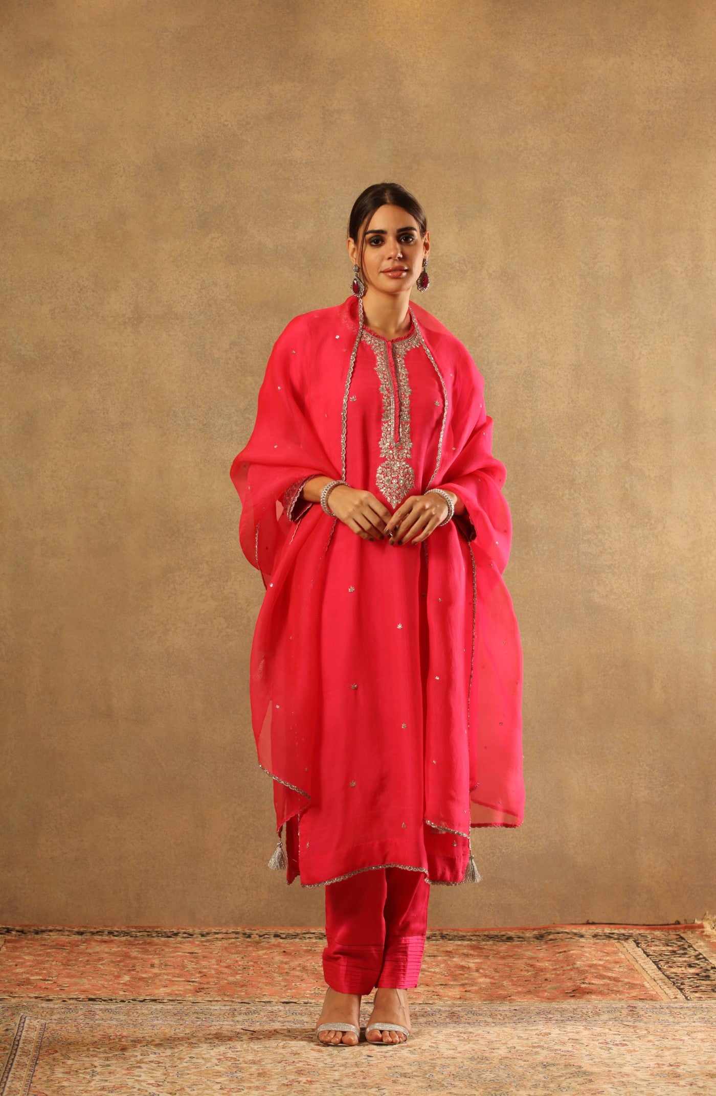 Hand Embroidered Neon Candy Pink Pure Katan Silk Kurta Pants Set