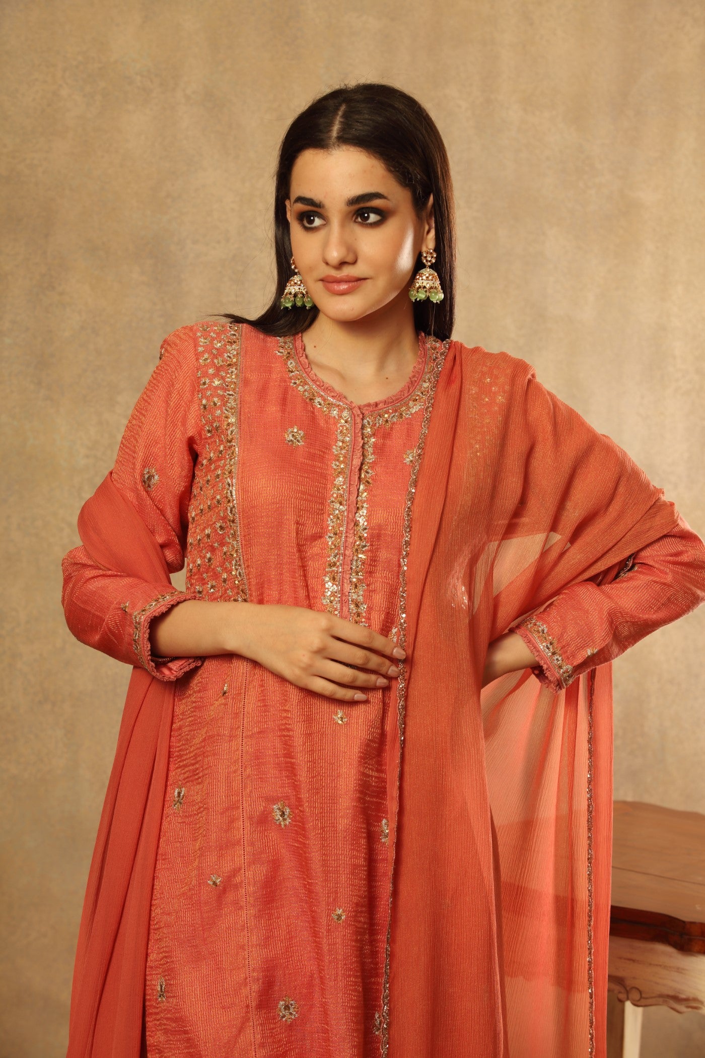Hand Embroidered Rust Peach Pure Silk Cotton Kurta Pants Set