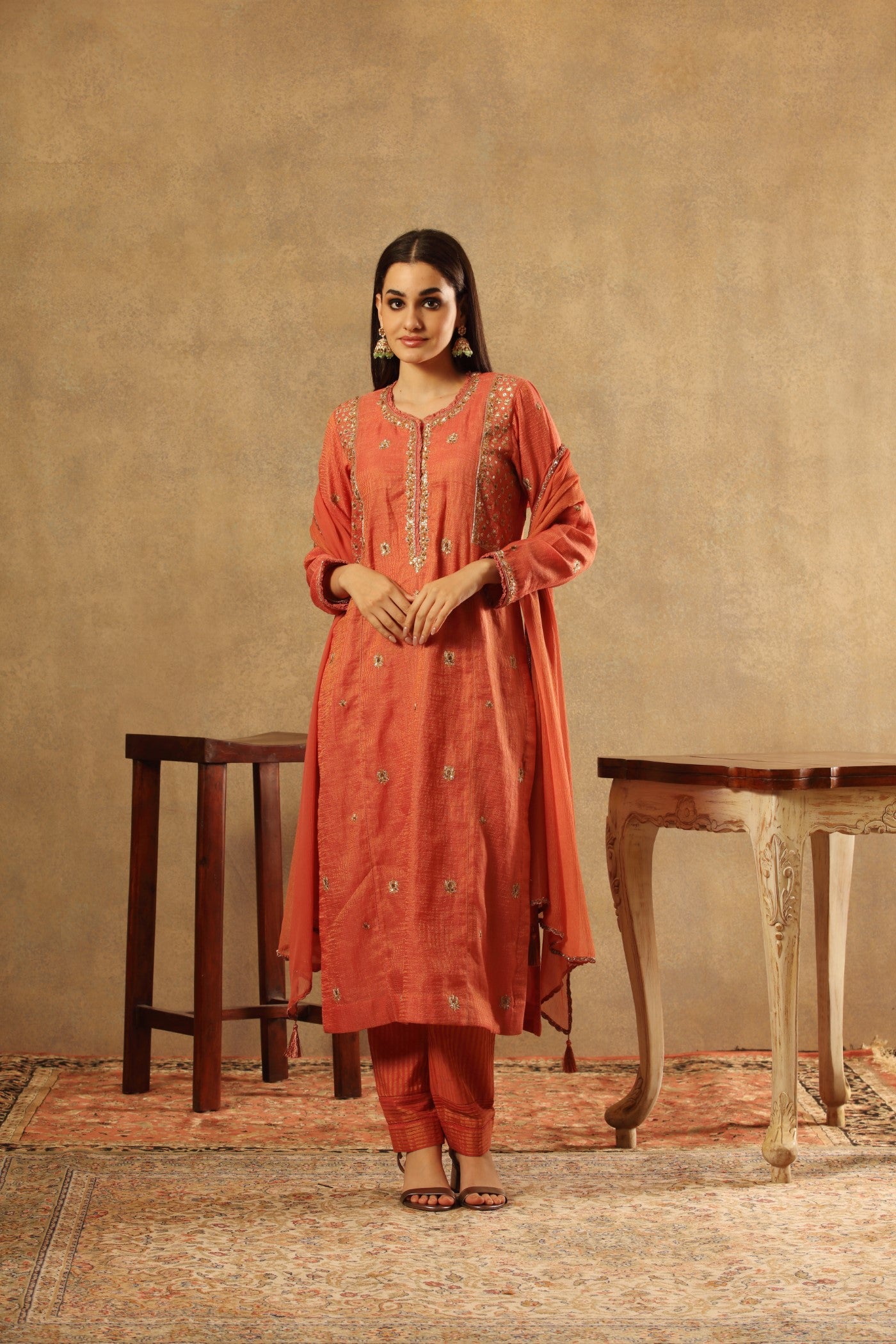 Hand Embroidered Rust Peach Pure Silk Cotton Kurta Pants Set