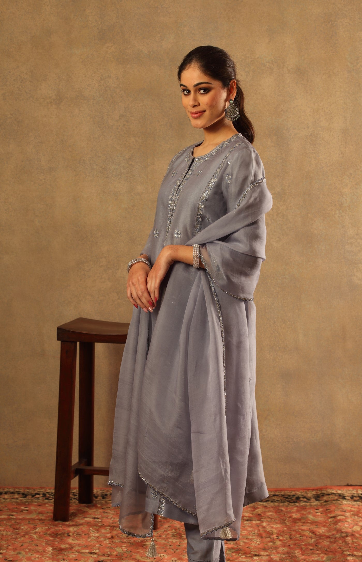 Hand Embroidered Lavender Blue Pure Silk Organza Kurta Pants Set