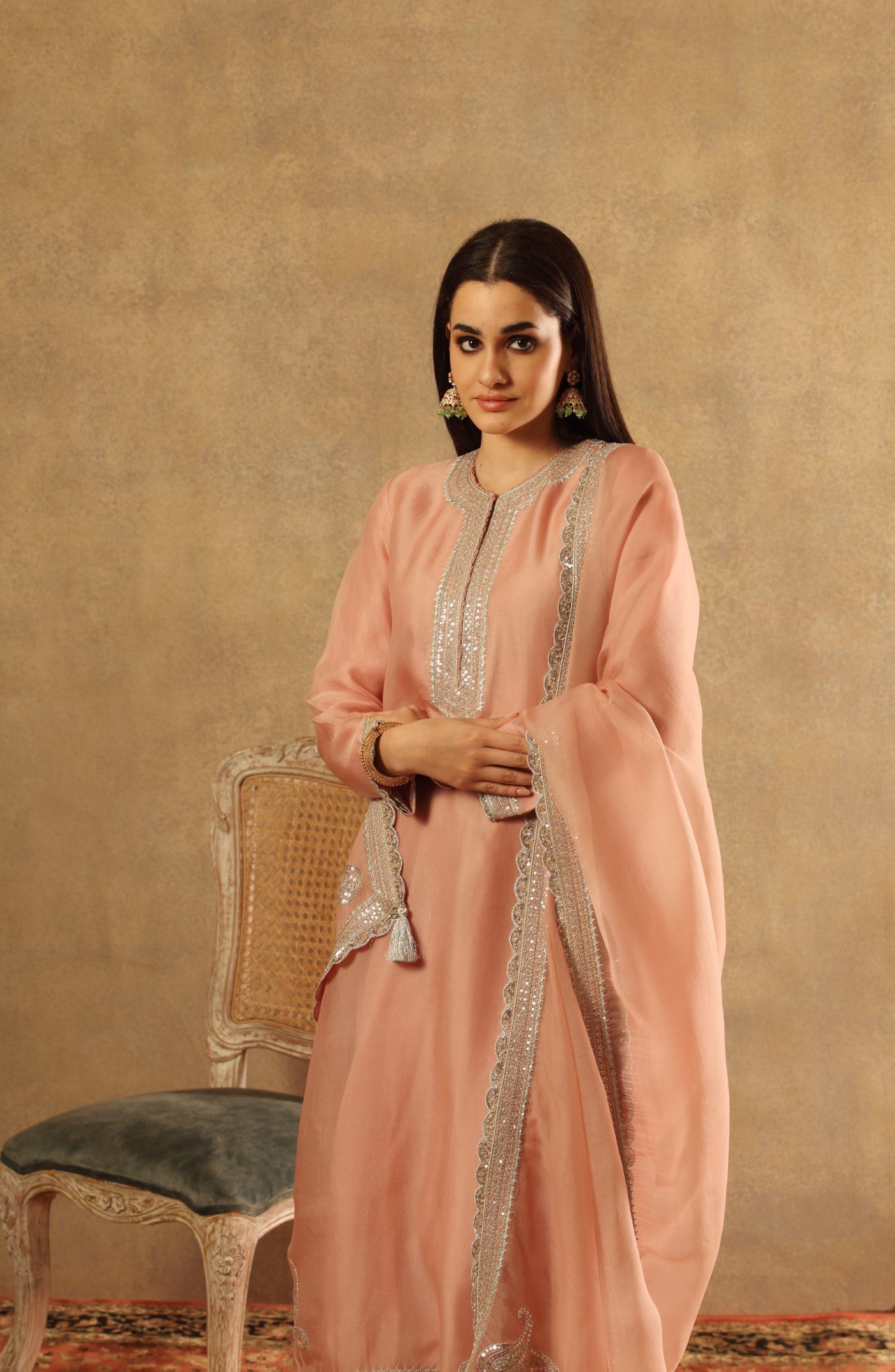 Hand Embroidered Dusty Pink Pure Silk Organza Kurta Salwar Set
