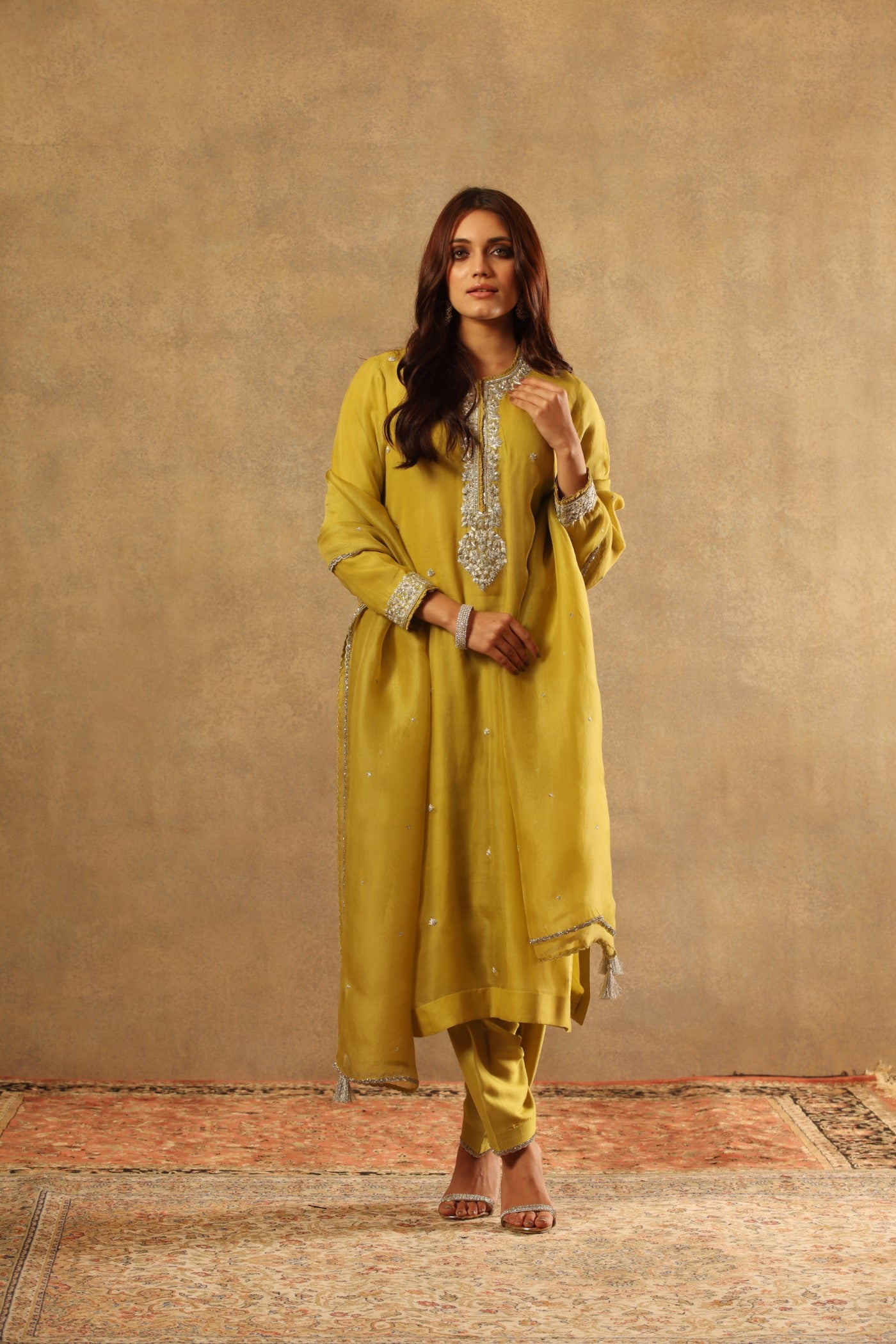 Hand Embroidered Dusty Lemon Pure Katan Silk Kurta Salwar Set