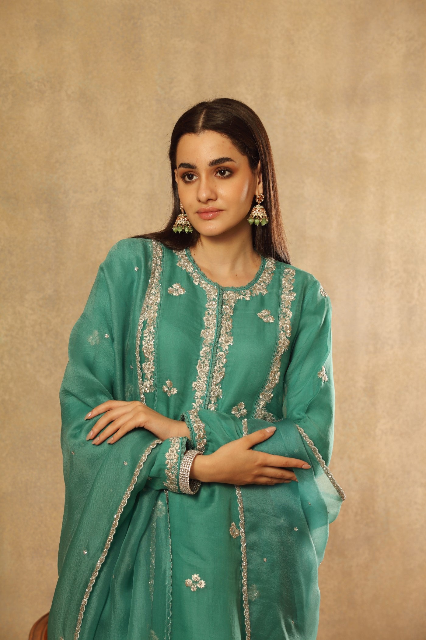 Hand Embroidered Columbia Green Pure Katan Silk Kurta Salwar Set