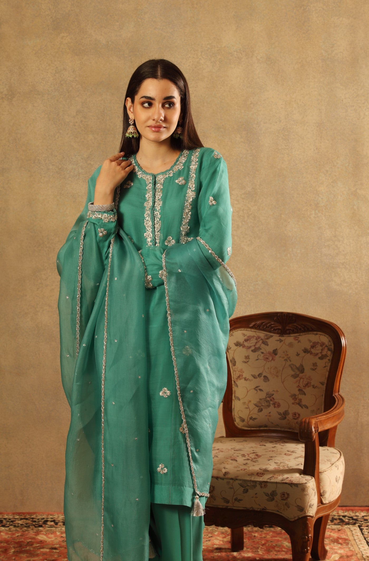 Hand Embroidered Columbia Green Pure Katan Silk Kurta Salwar Set