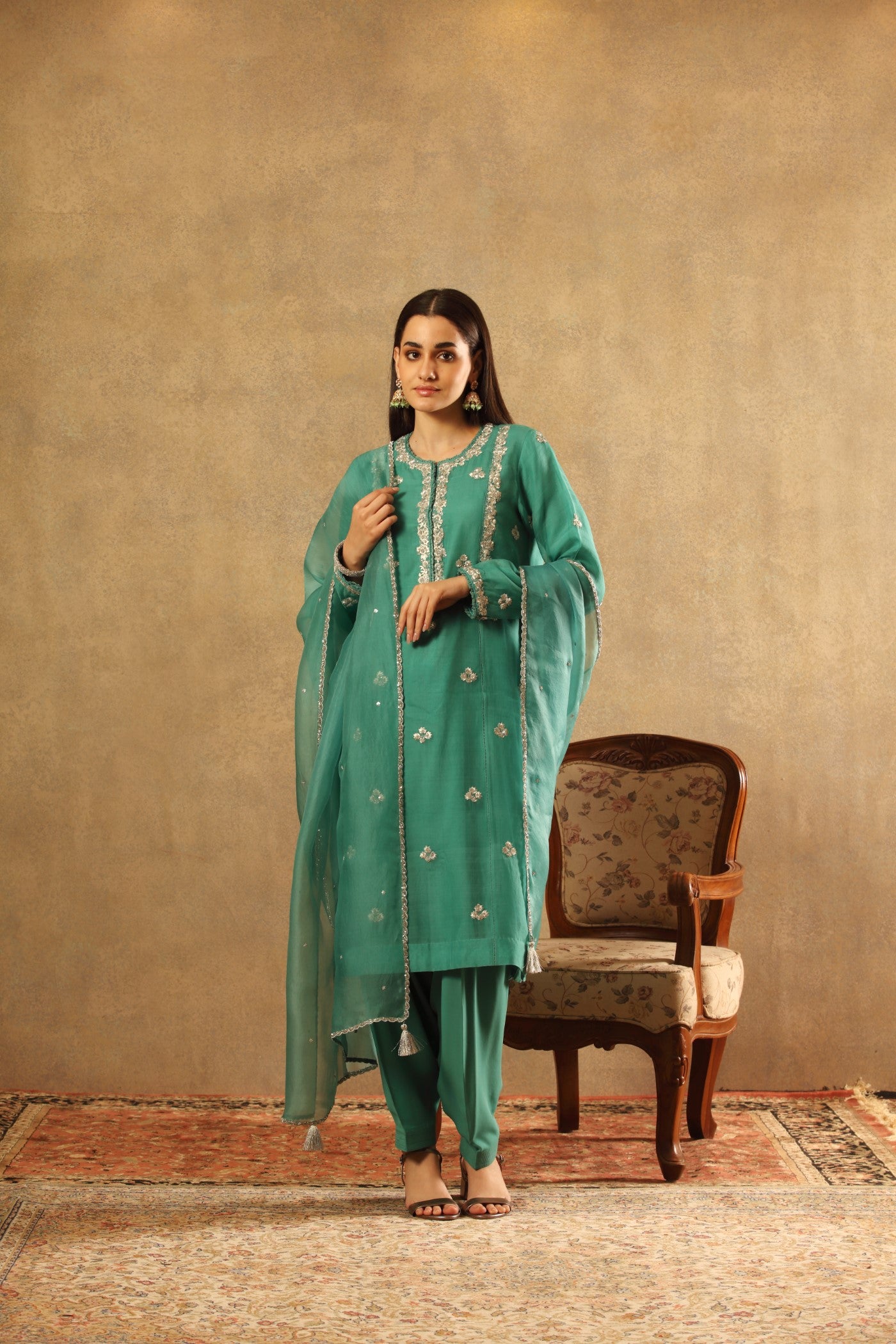 Hand Embroidered Columbia Green Pure Katan Silk Kurta Salwar Set