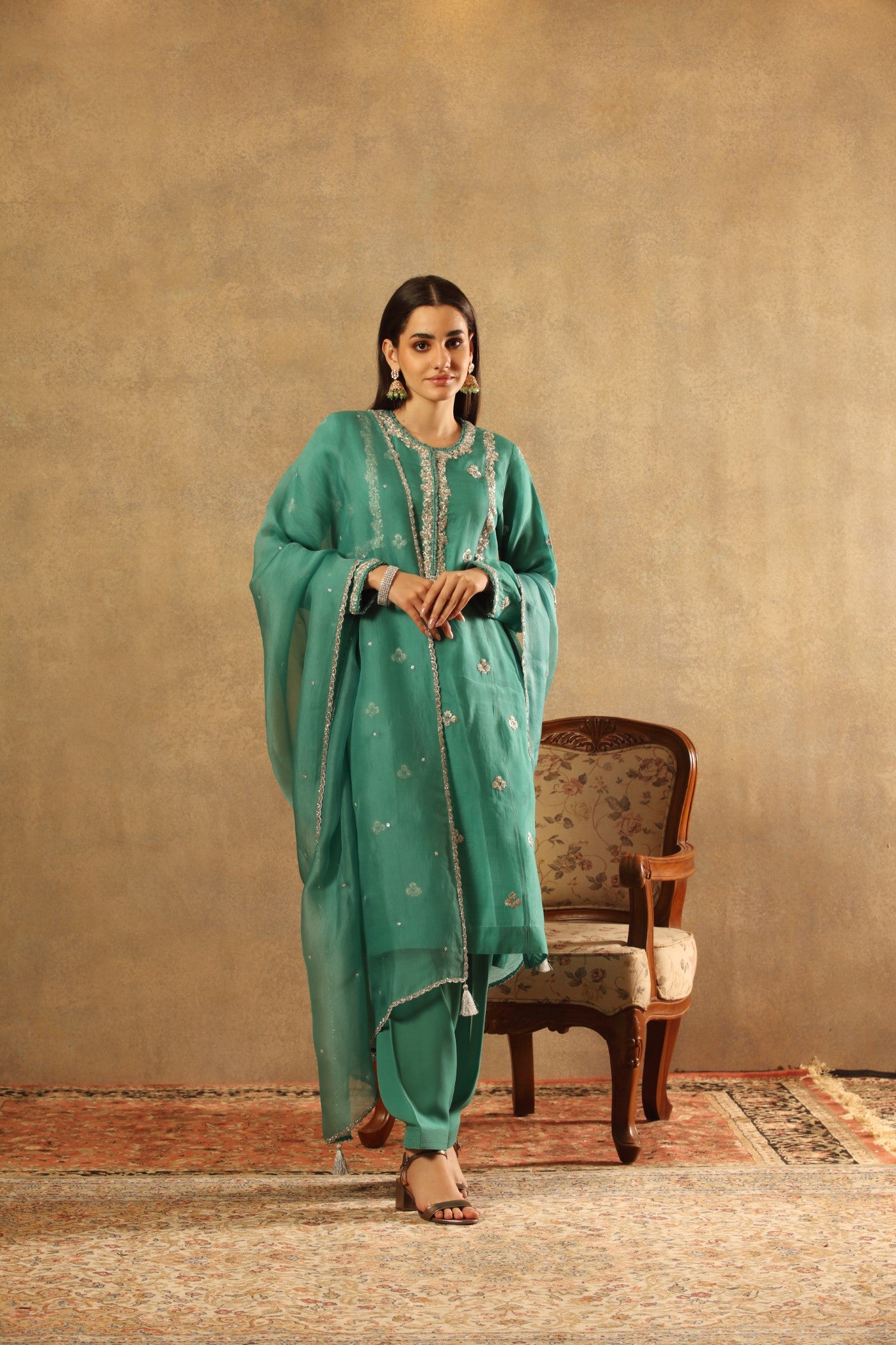 Hand Embroidered Columbia Green Pure Katan Silk Kurta Salwar Set