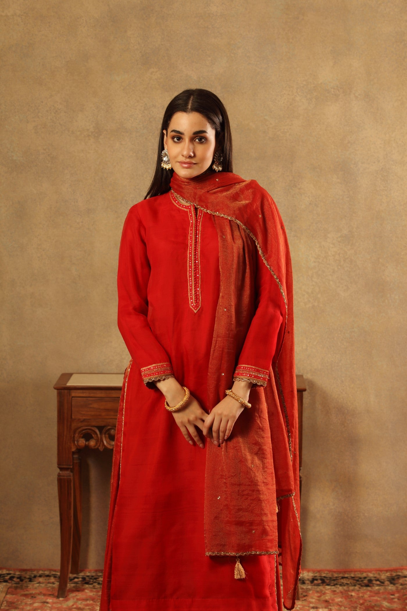 Hand Embroidered Bridal Red Pure Katan Silk Kurta Sharara Set