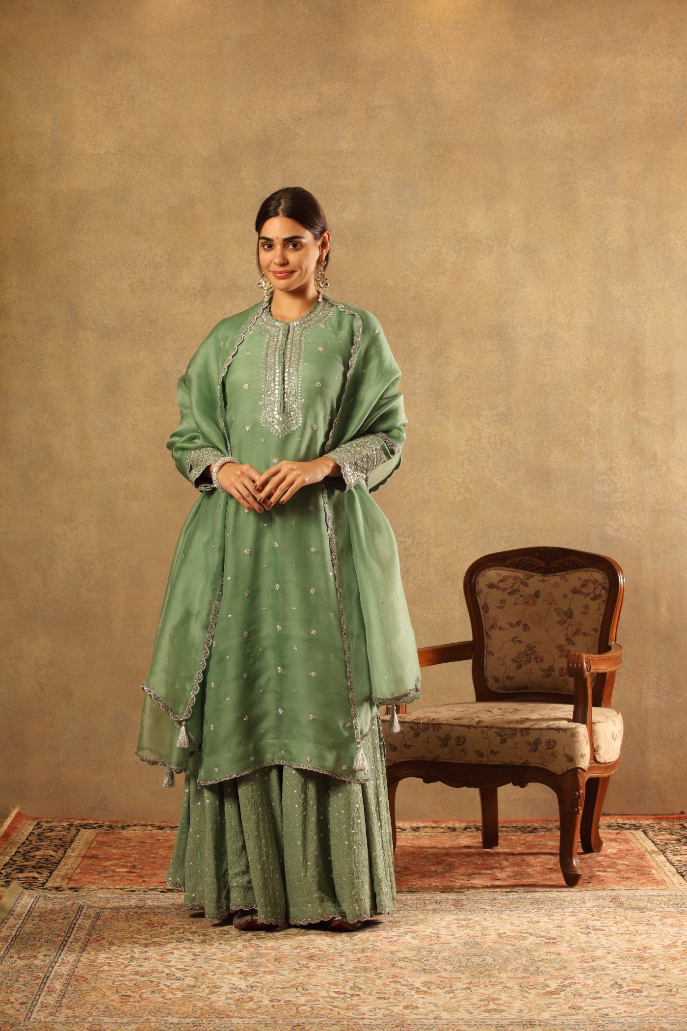 Hand Embroidered Spruce Green Pure Katan Silk Kurta Sharara Set