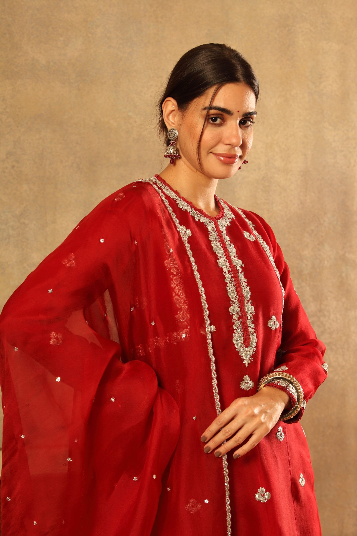 Hand Embroidered Maroon Pure Silk Organza Kurta Sharara Set