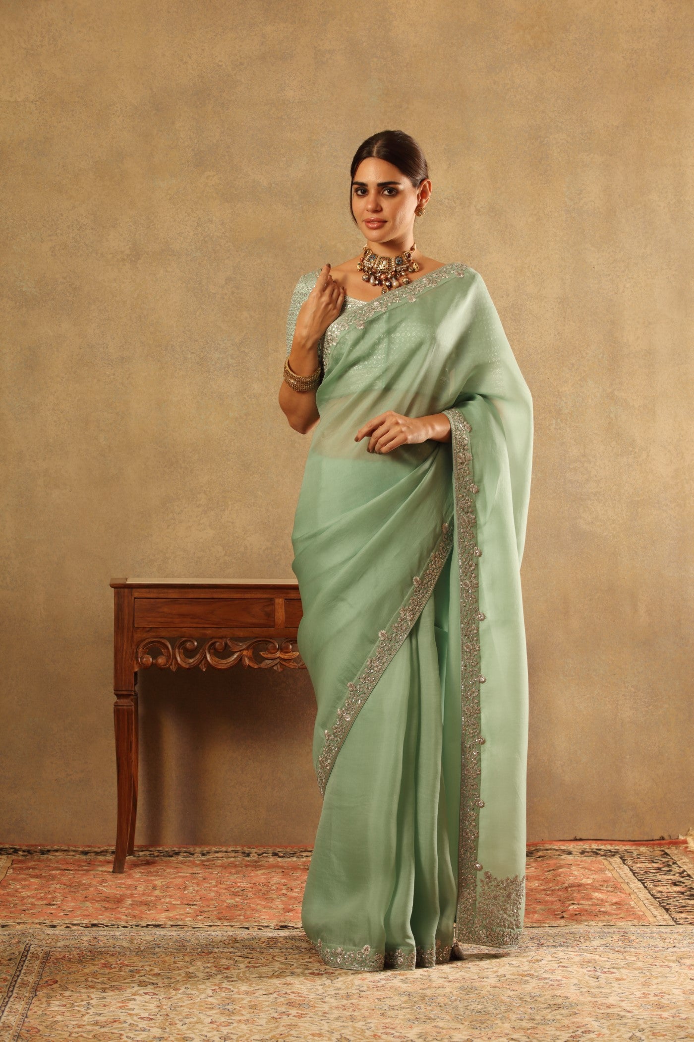 Hand Embroidered Fern Green Pure Silk Organza Saree Blouse Set