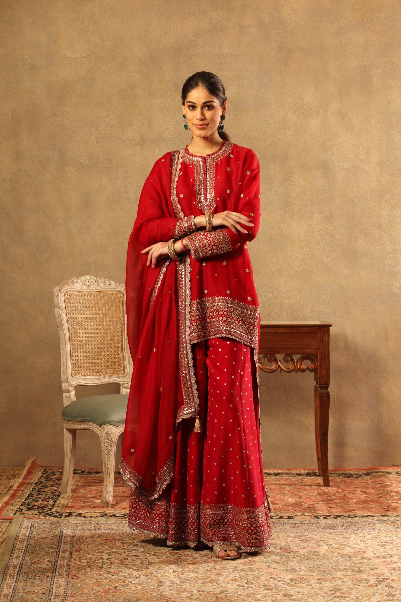 Hand Embroidered Maroon Pure Silk Organza Short Kurta Sharara Set