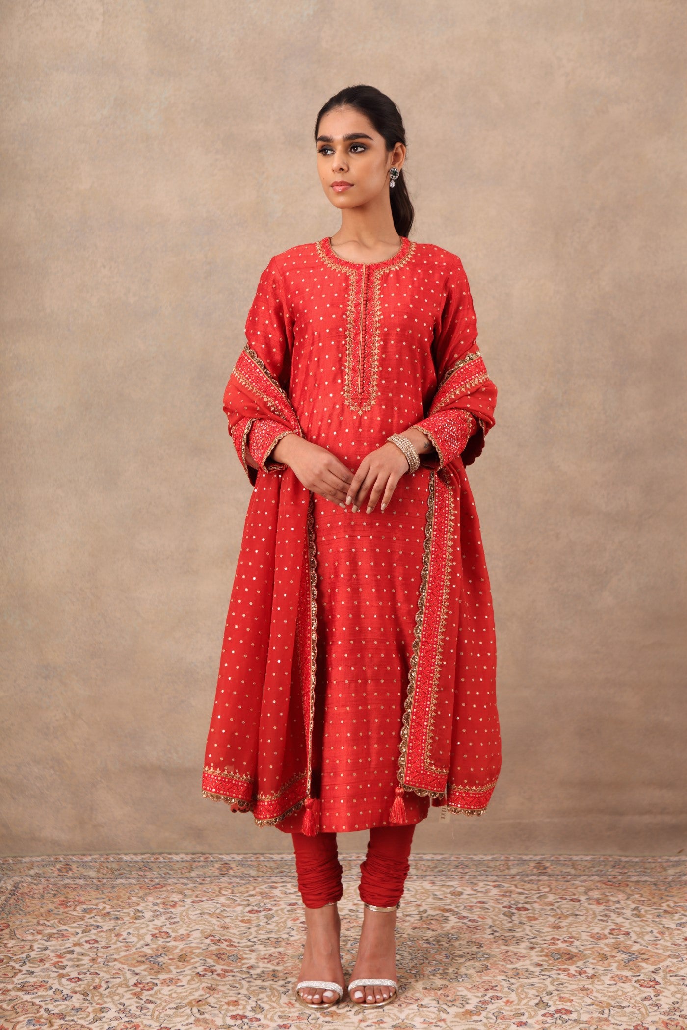 Hand Embroidered Red Molten Lava Pure Tussar Georgette Kurta Churidaar Set