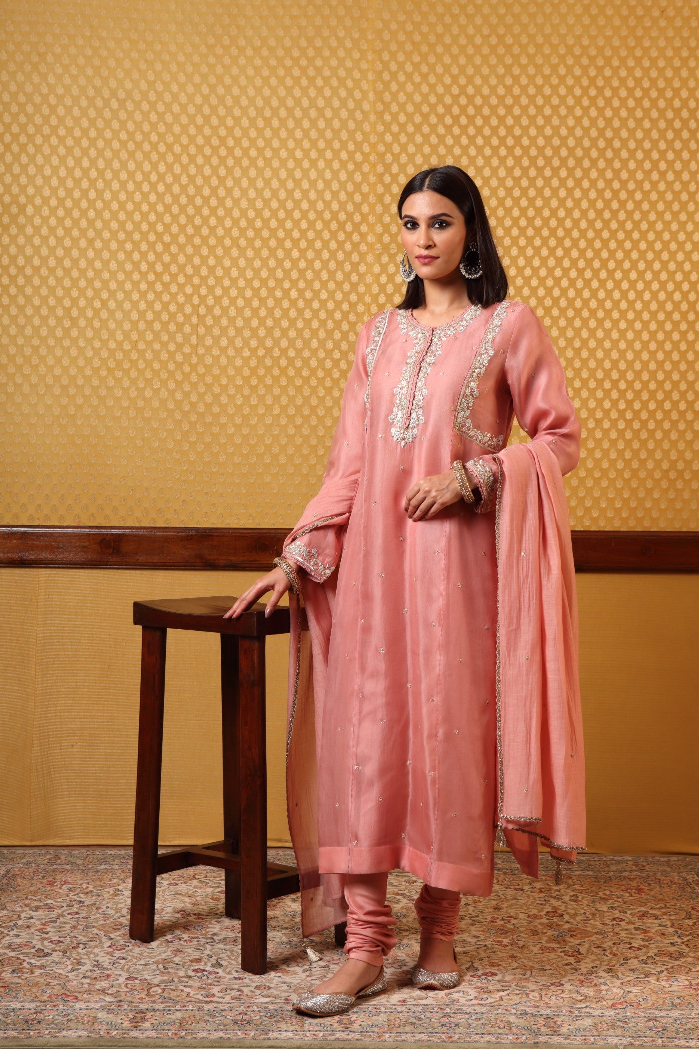 Hand Embroidered Soft Coral Pure Silkorganza Kurtachuridaar Set