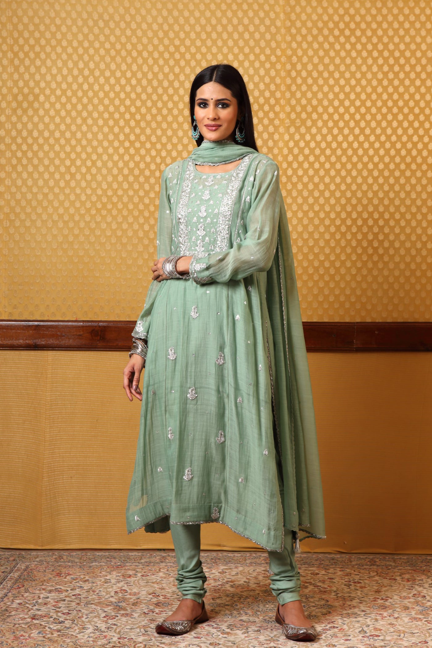 Hand embroidered Fern Green Pure Silk cotton Kurta churidar Set (B)