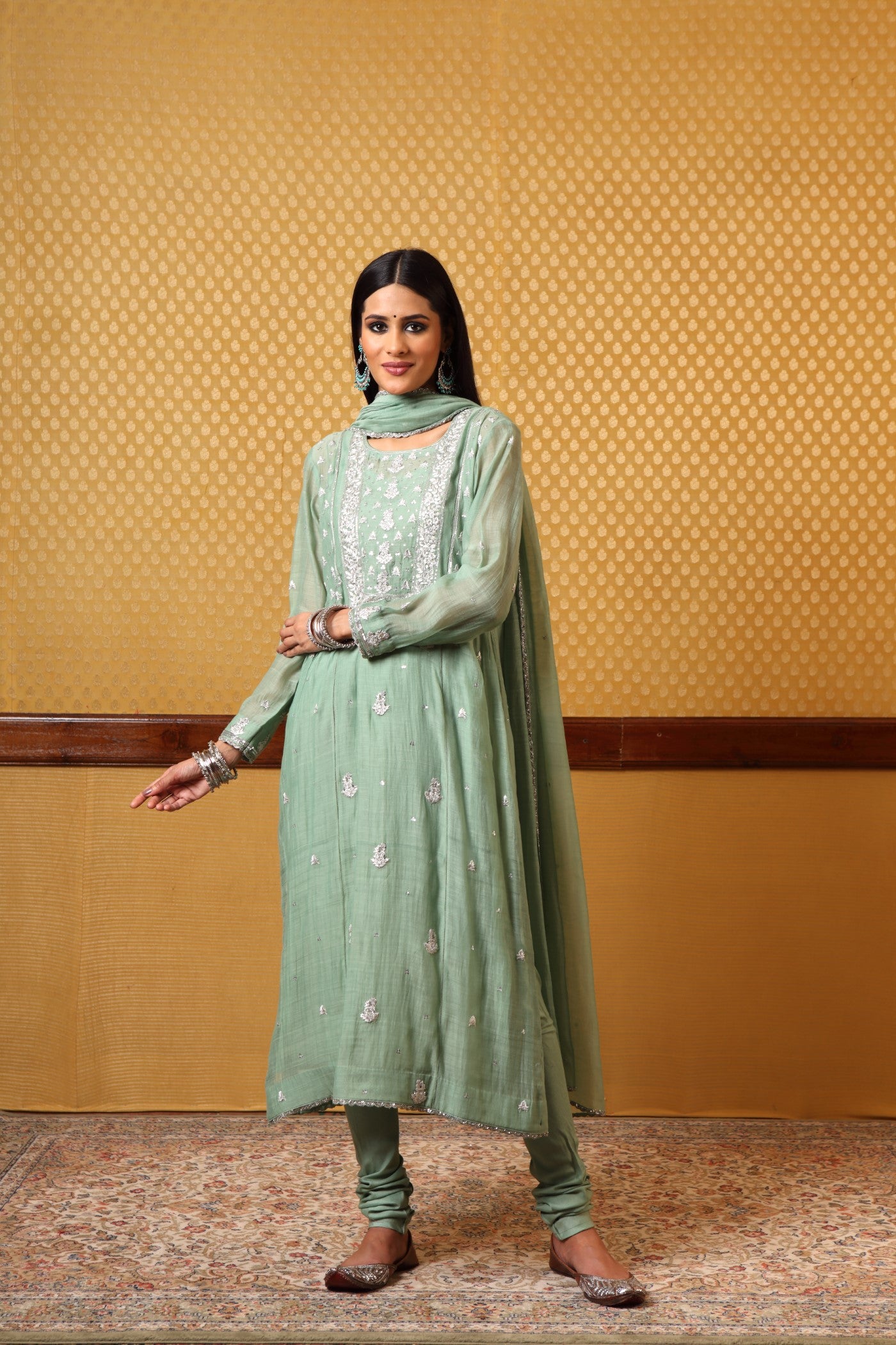Hand embroidered Fern Green Pure Silk cotton Kurta churidar Set (B)