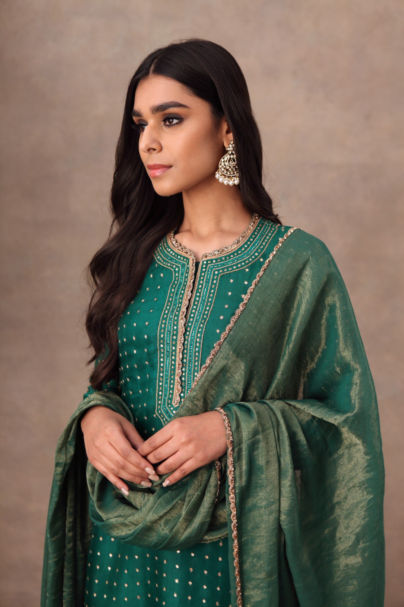 Hand Embroidered Dark Green Kurta Palazzo Set