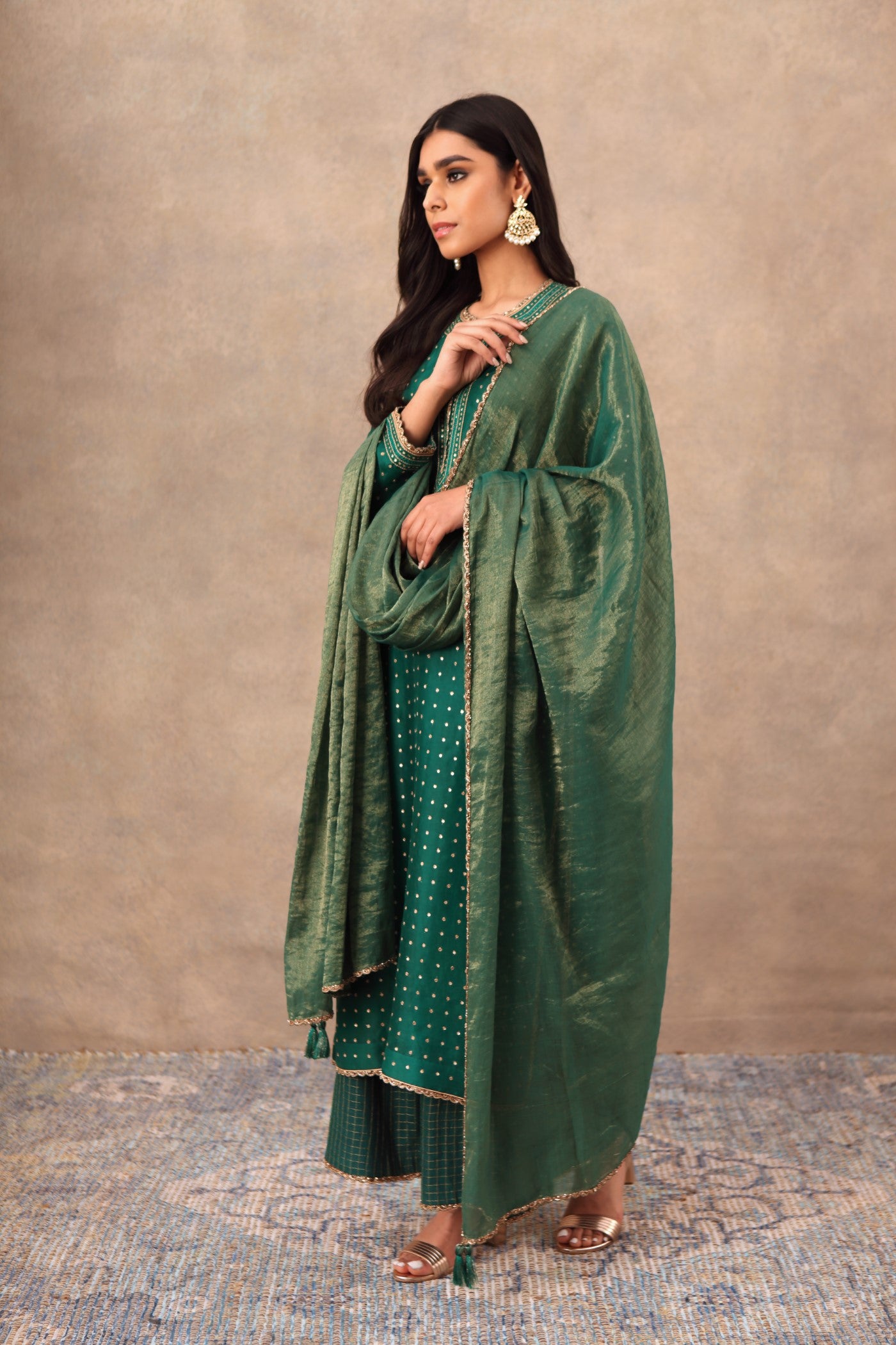 Hand Embroidered Dark Green Kurta Palazzo Set