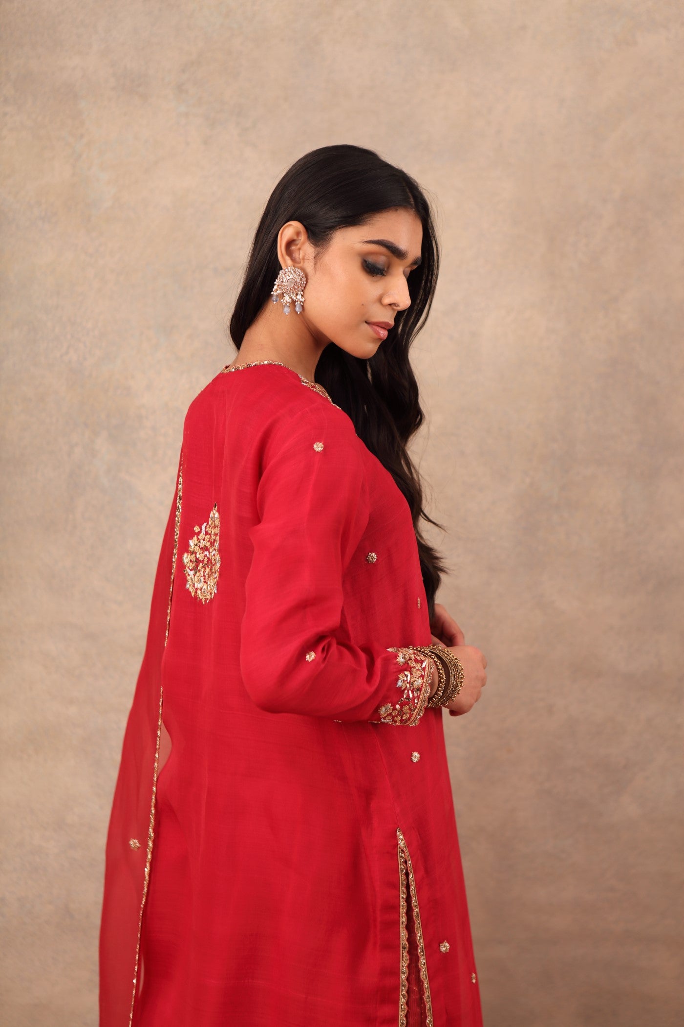 Hand Embroidered Crimson Pink Pure Katan Silk Kurta Palazzo Set