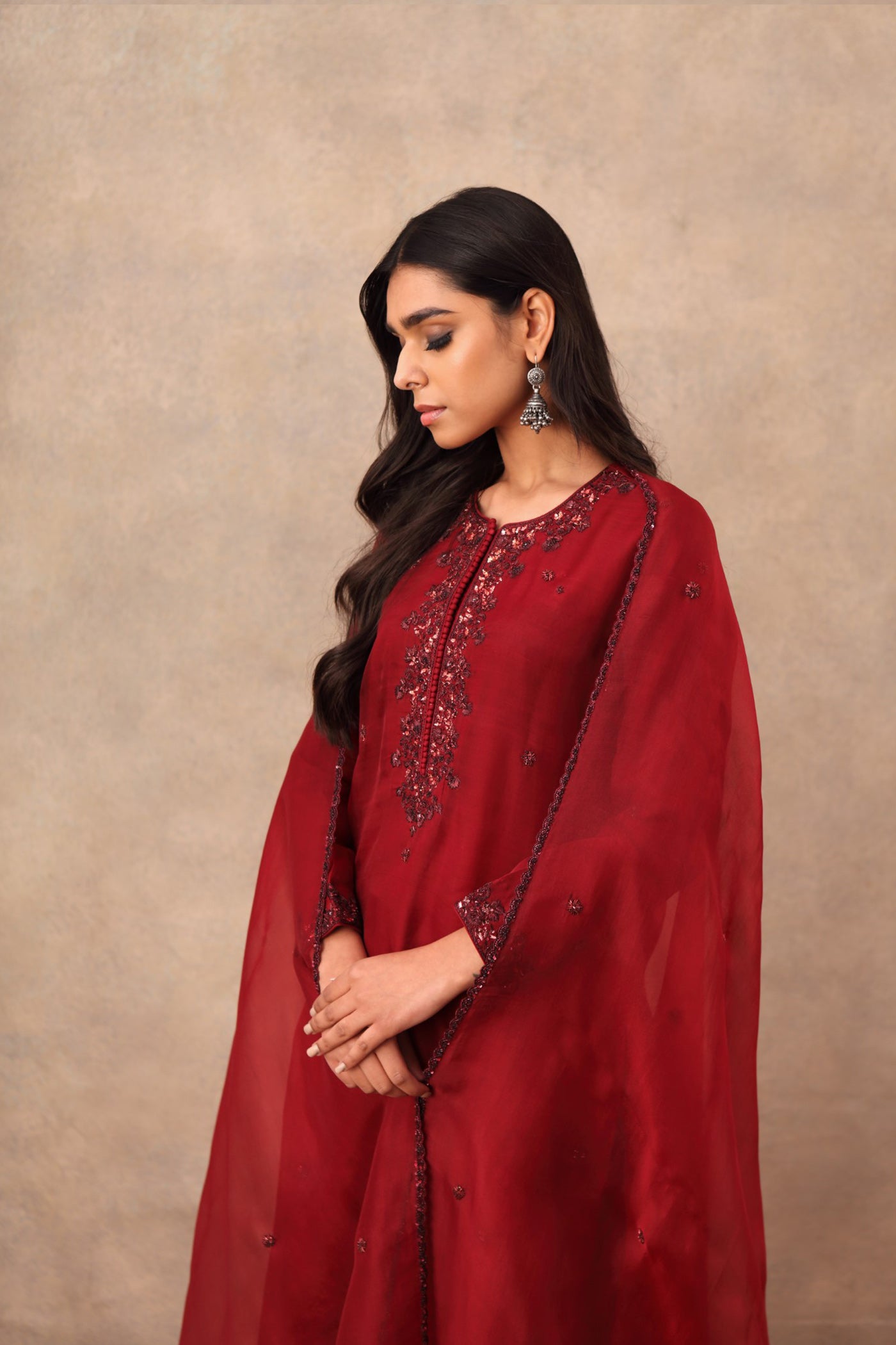 Hand Embroidered Wine Red Pure Katan Silk Kurta Pants Set