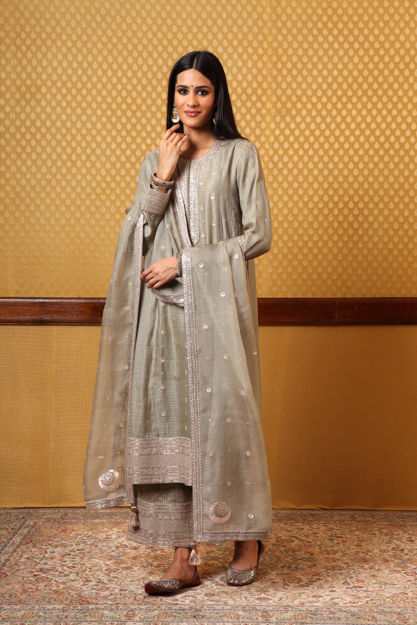 Handembroidered Ferngreen Pure Katansilk Kurtaplazzo Set