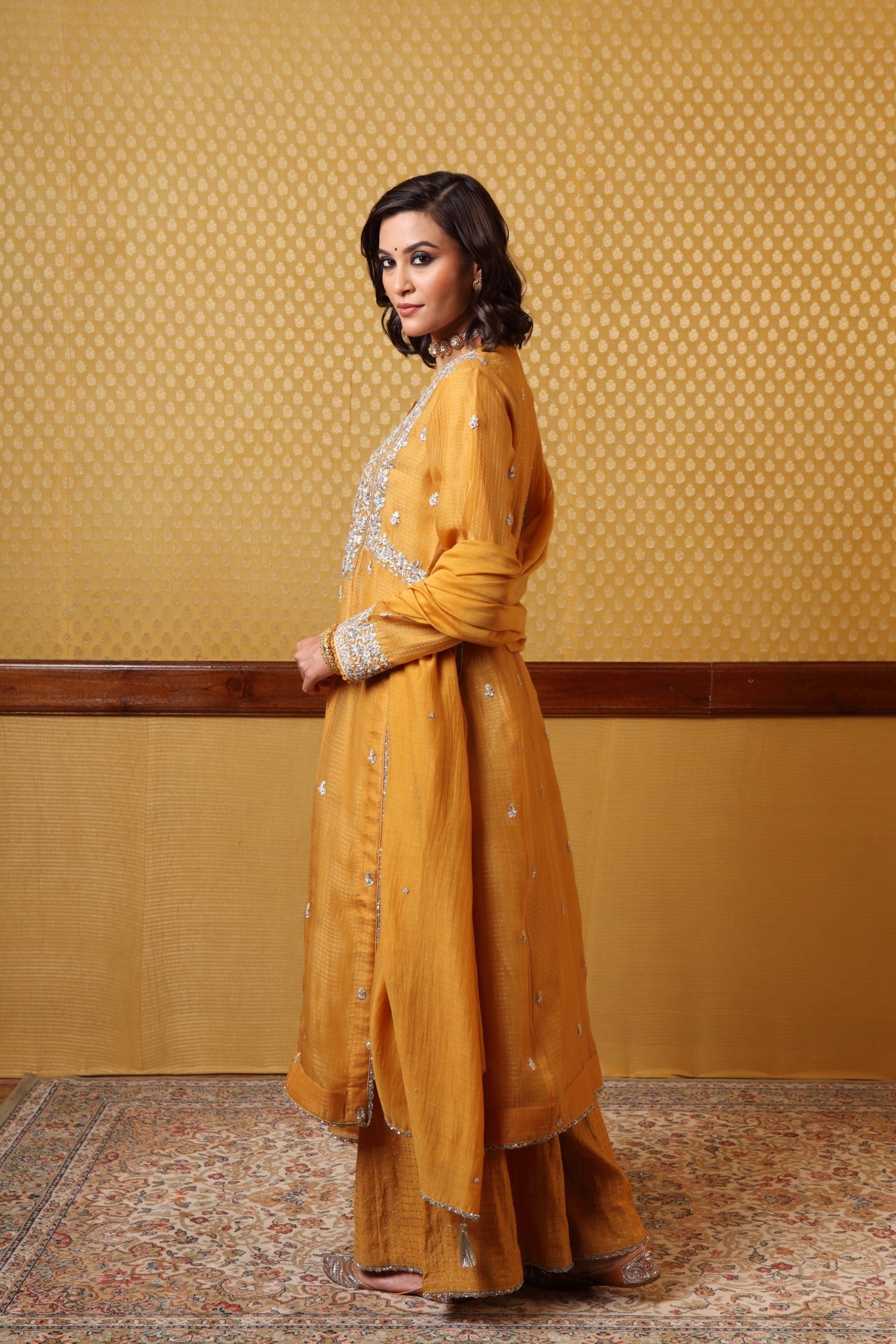 Hand Embroidered Musturd  Yellow Kurta  Plazzo Set