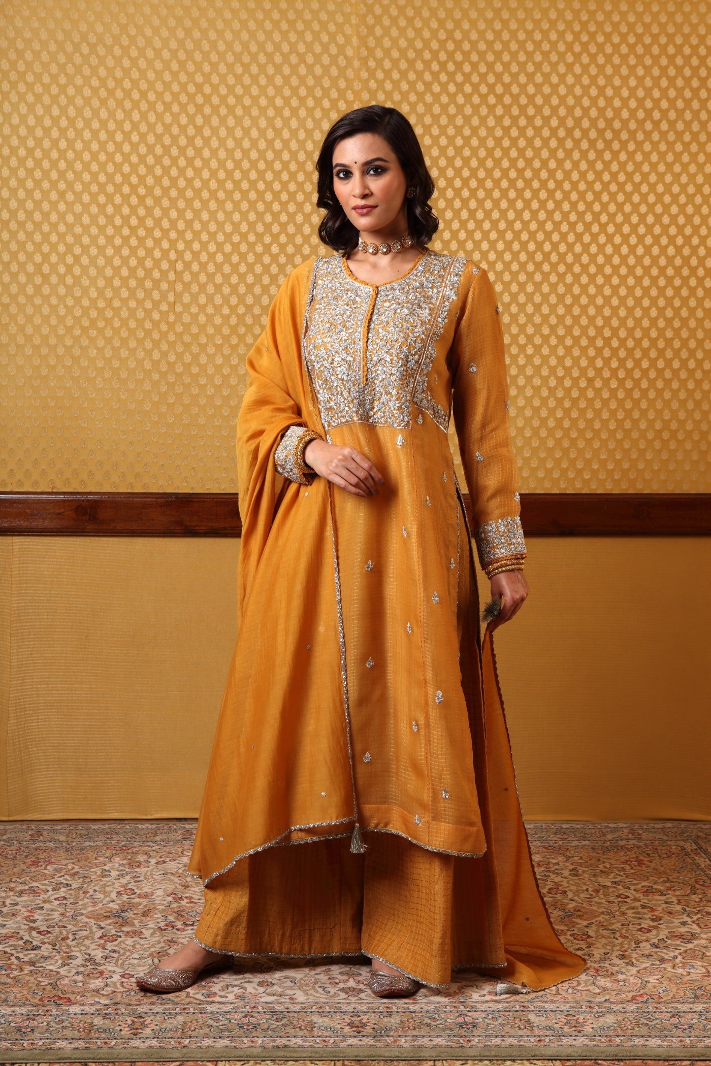 Hand Embroidered Musturd  Yellow Kurta  Plazzo Set