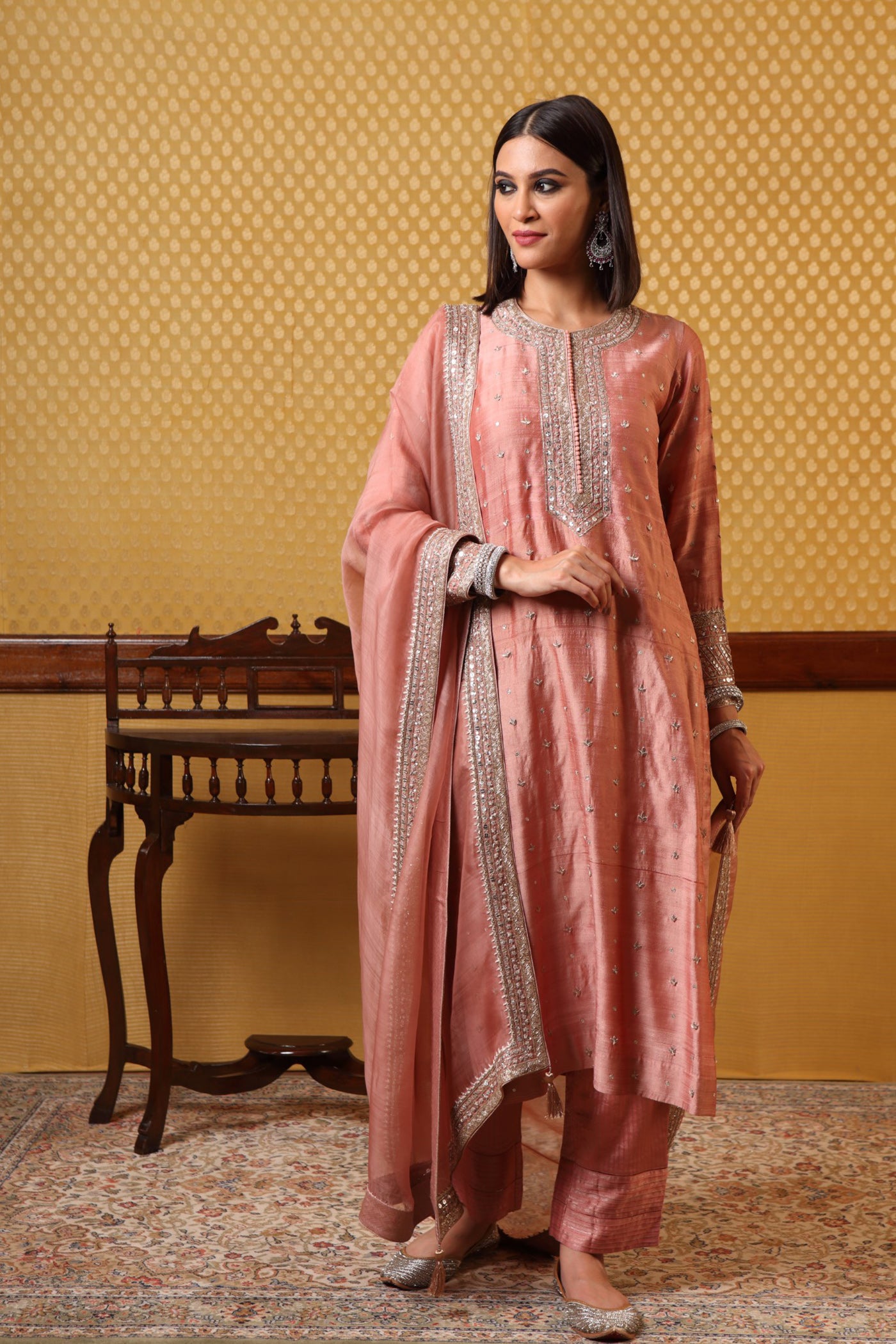 Handembroidered Rosebrown Tussargeorgette Pure Kurta Pants Set