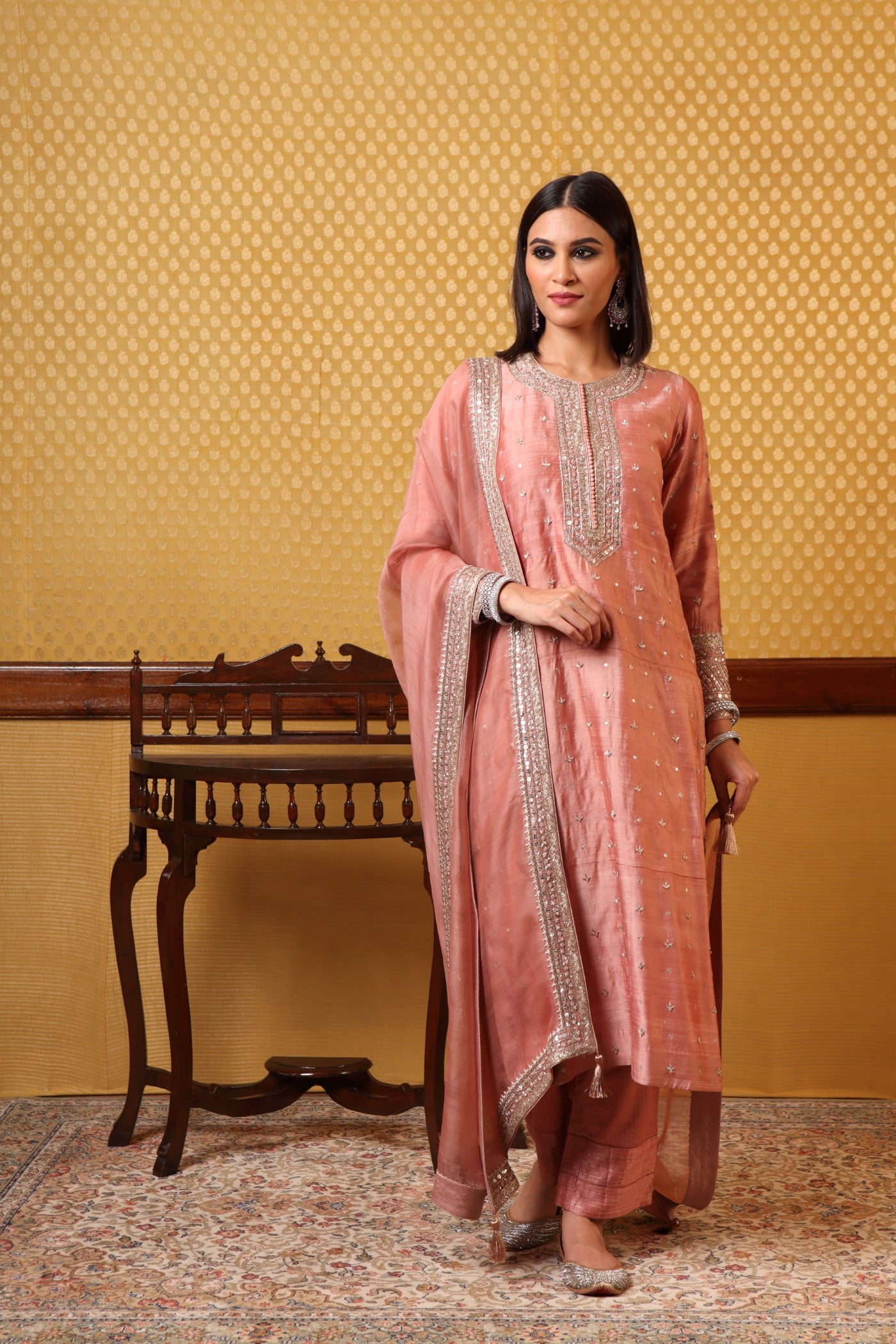 Handembroidered Rosebrown Tussargeorgette Pure Kurta Pants Set