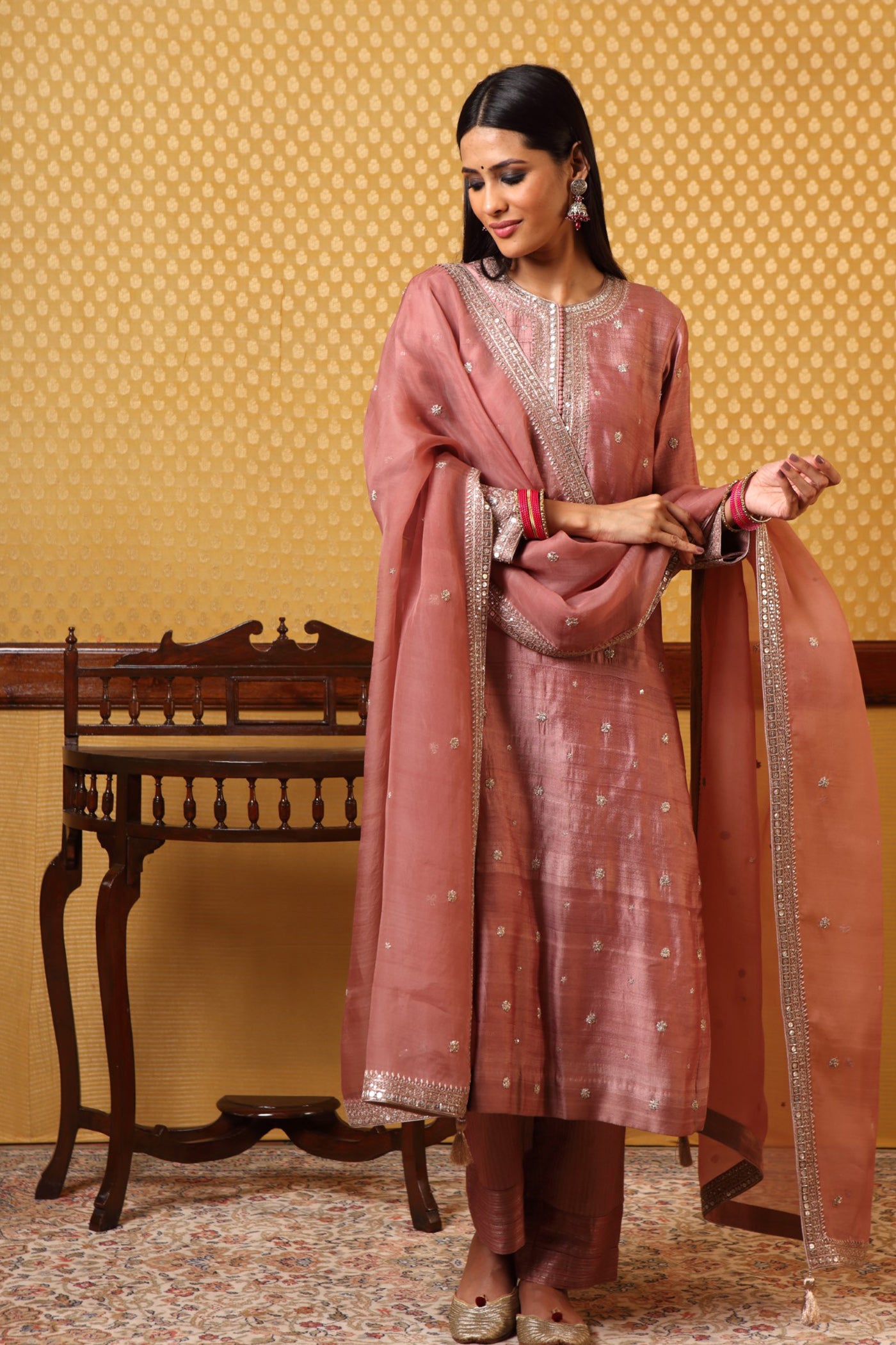 Handembroidered Rosebrown Pure Tussargeorgette Kurtapants Set