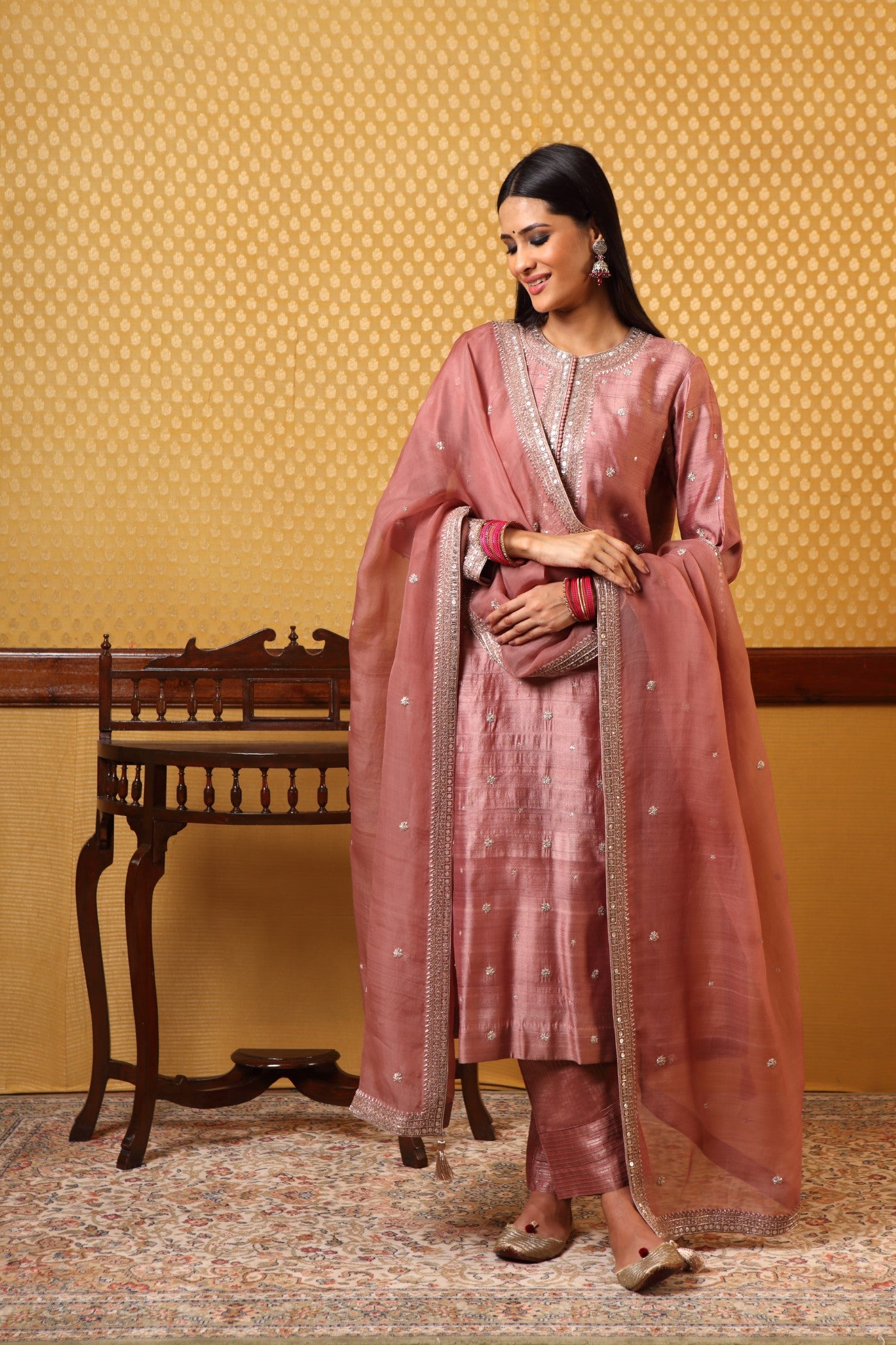 Handembroidered Rosebrown Pure Tussargeorgette Kurtapants Set