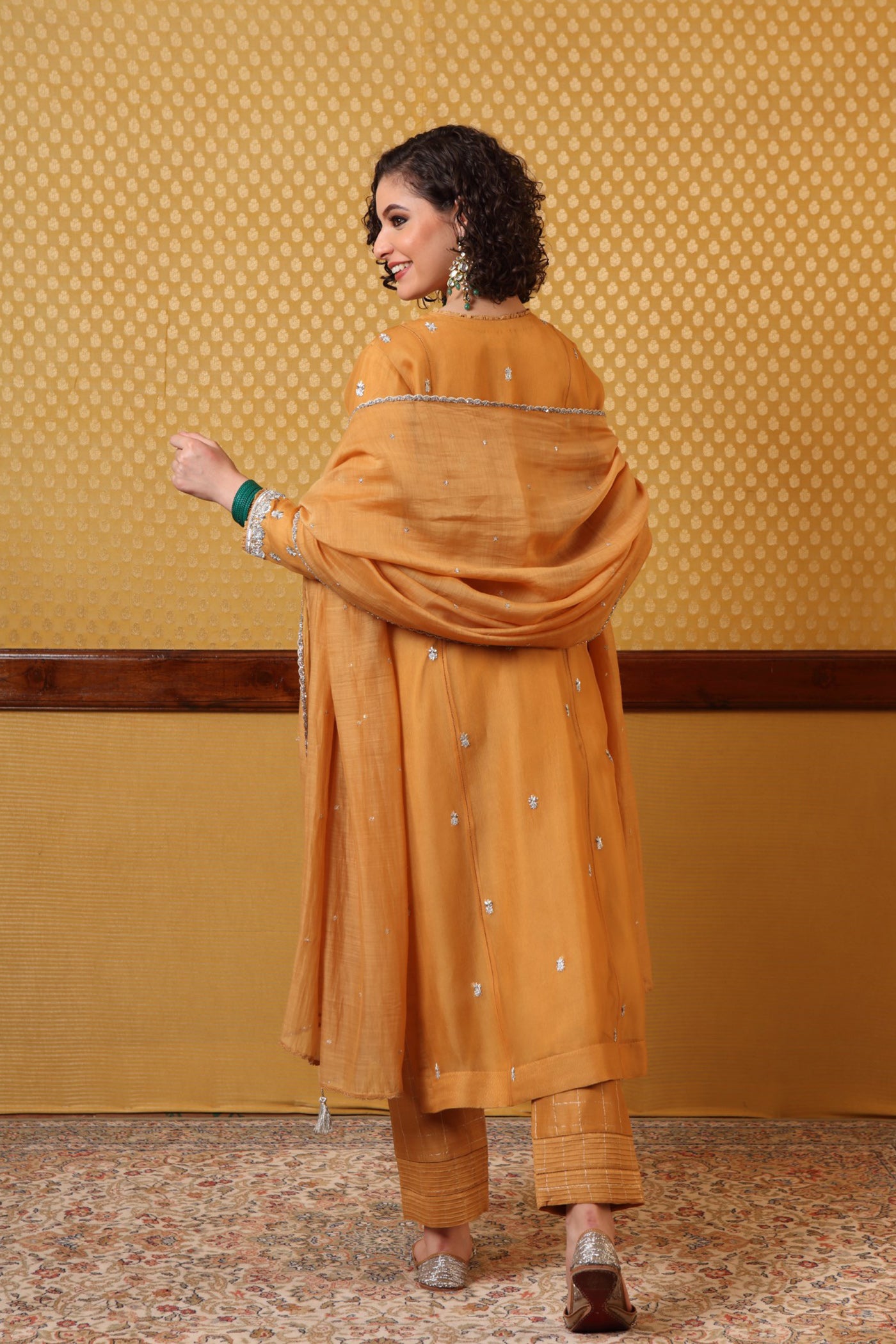 Handembroidered Dustymusturd Pure Silkorganza Kurta Pants Set