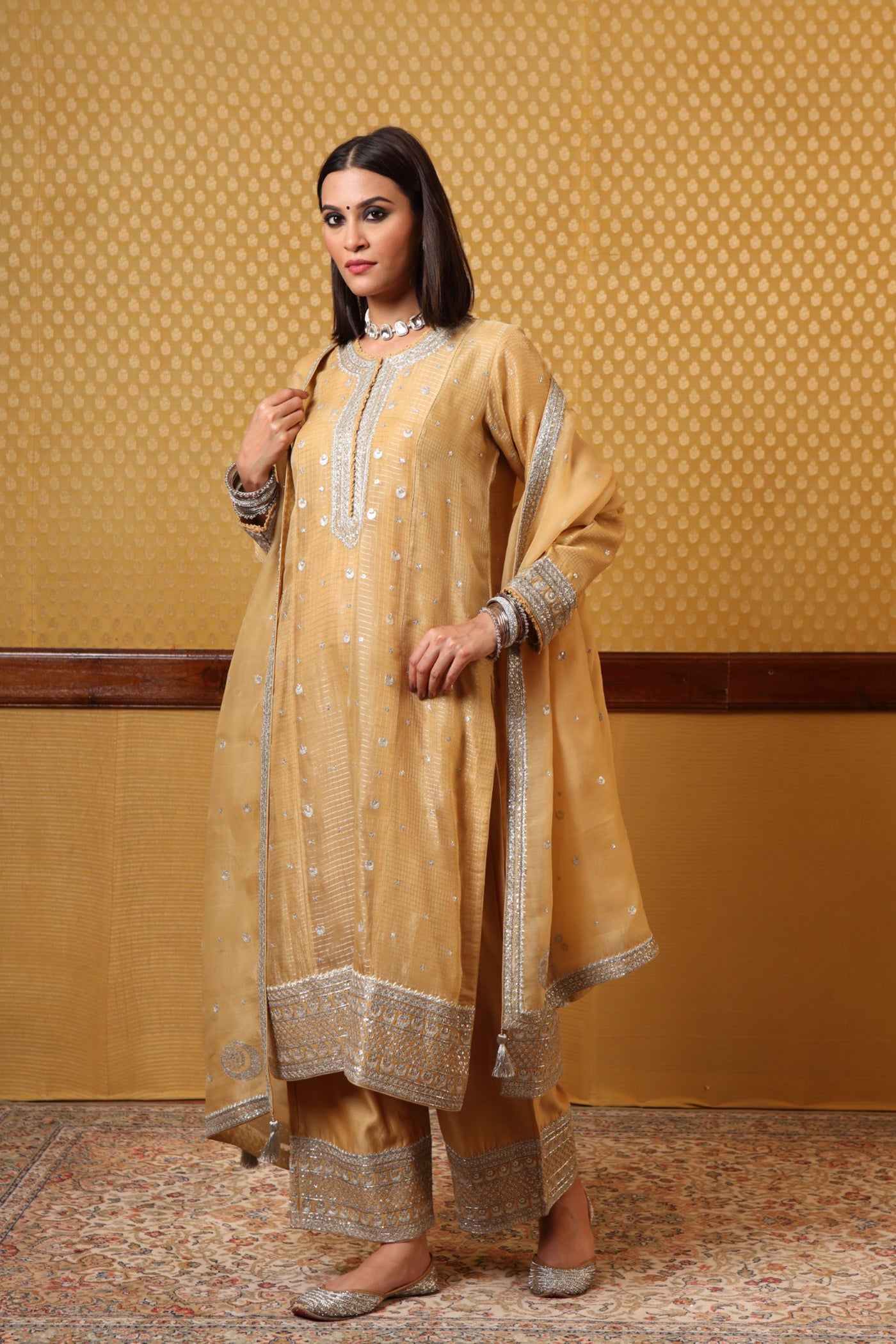 Handembroidered  Pastel yellow Pure Katan Silk Kurta Pants Set