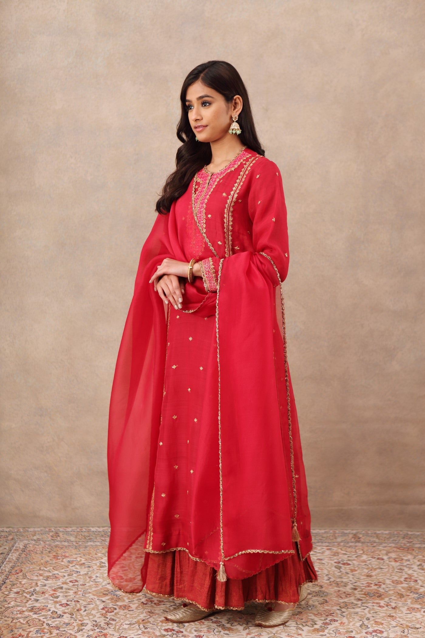 Hand Embroidered Barberry Pink Pure Katan Silk Kurta Sharara Set