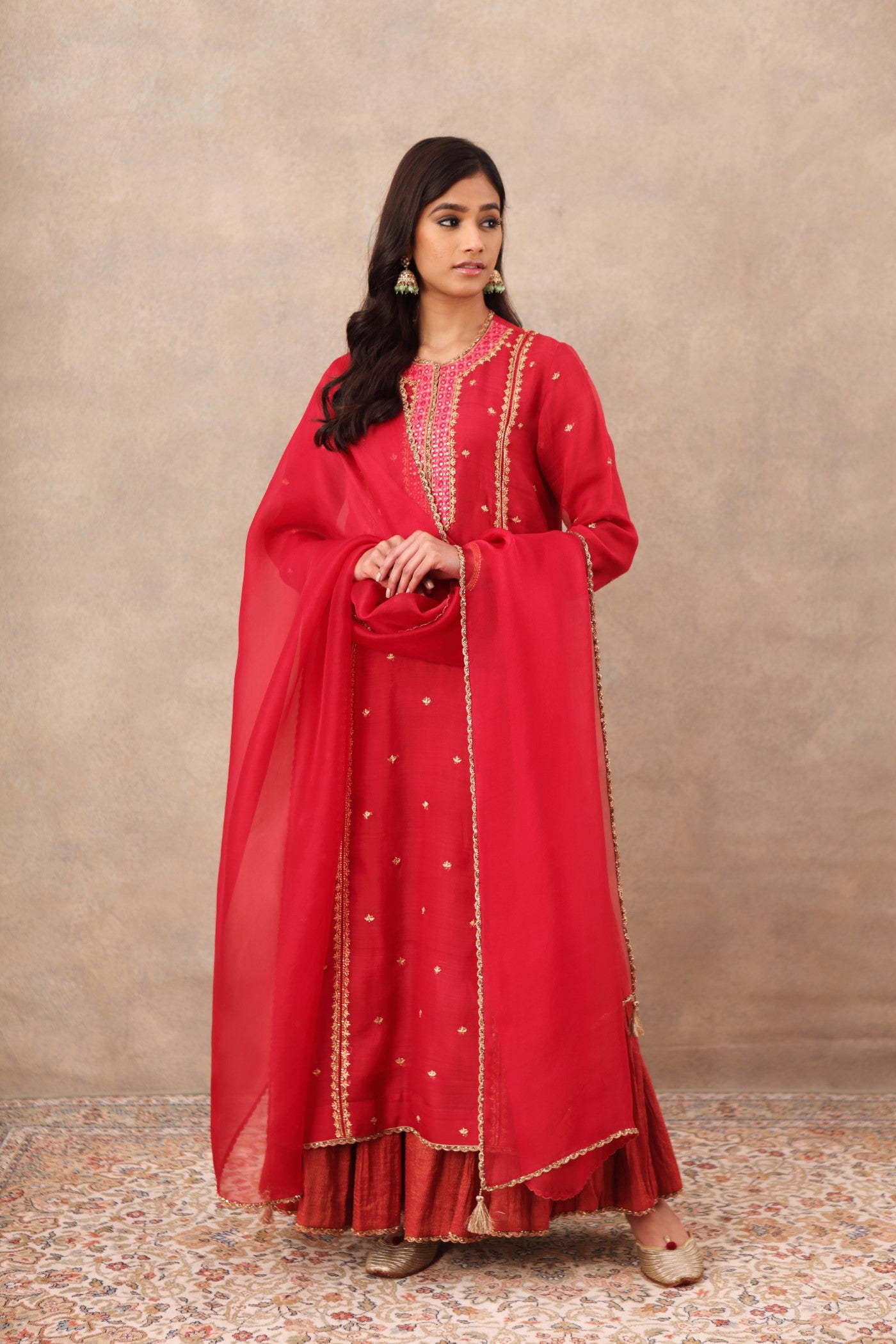 Hand Embroidered Barberry Pink Pure Katan Silk Kurta Sharara Set