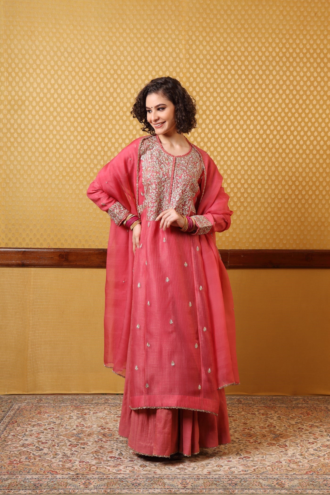Handembroidered Honeysucklepink Kurta And Sharara Set