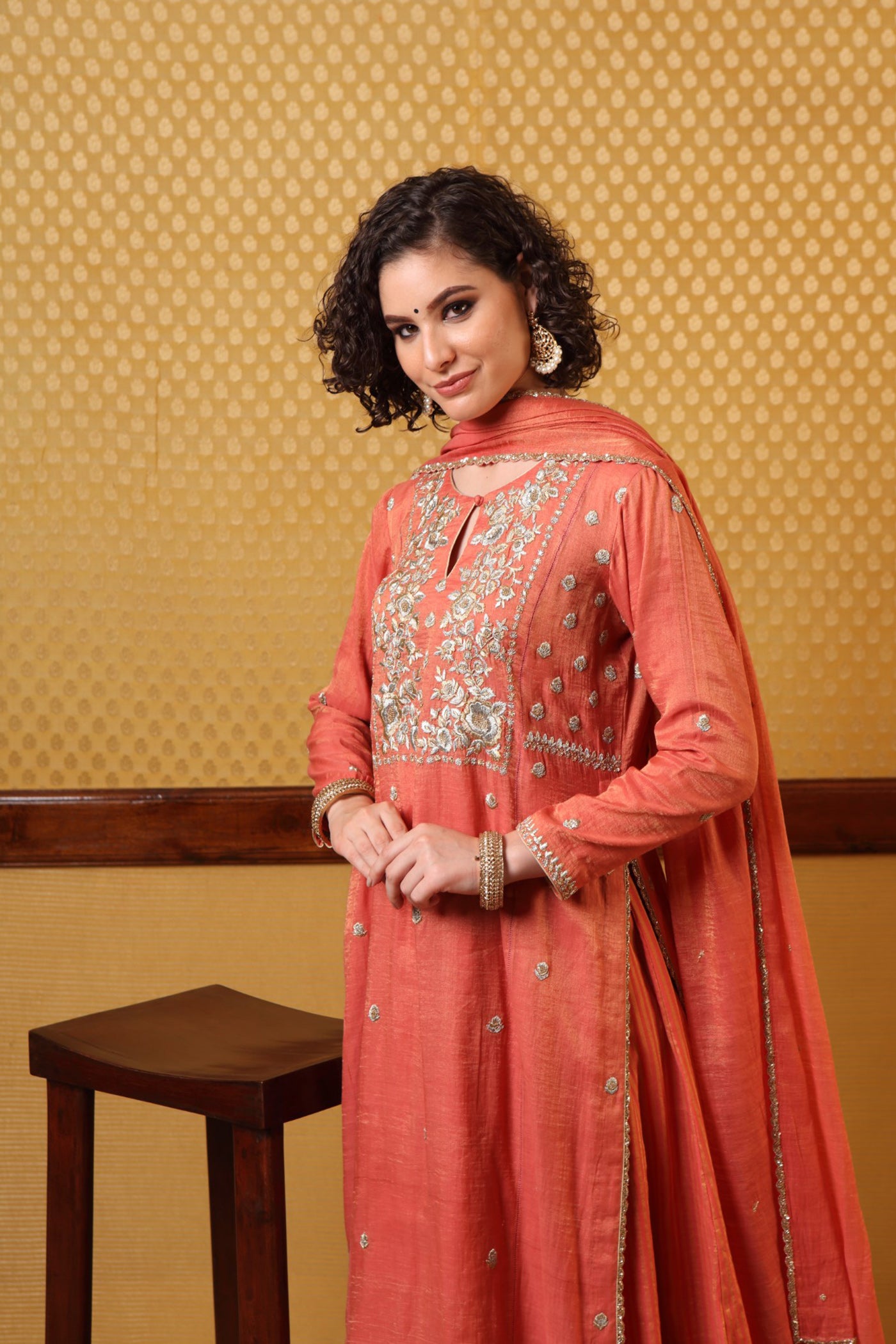 Handembroidered Burntpeach Pure Metallic Silkcotton Kurtashararaset