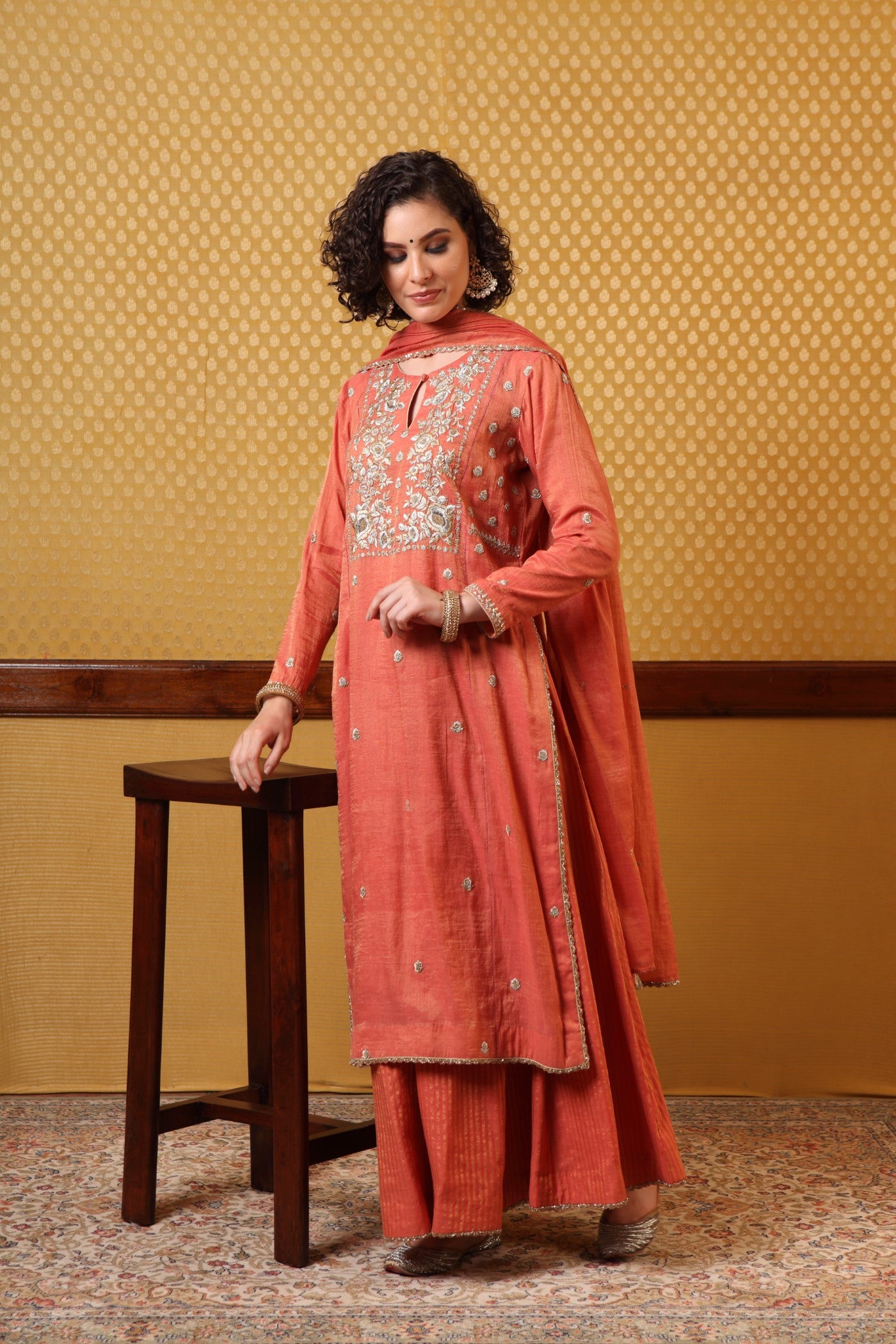 Handembroidered Burntpeach Pure Metallic Silkcotton Kurtashararaset
