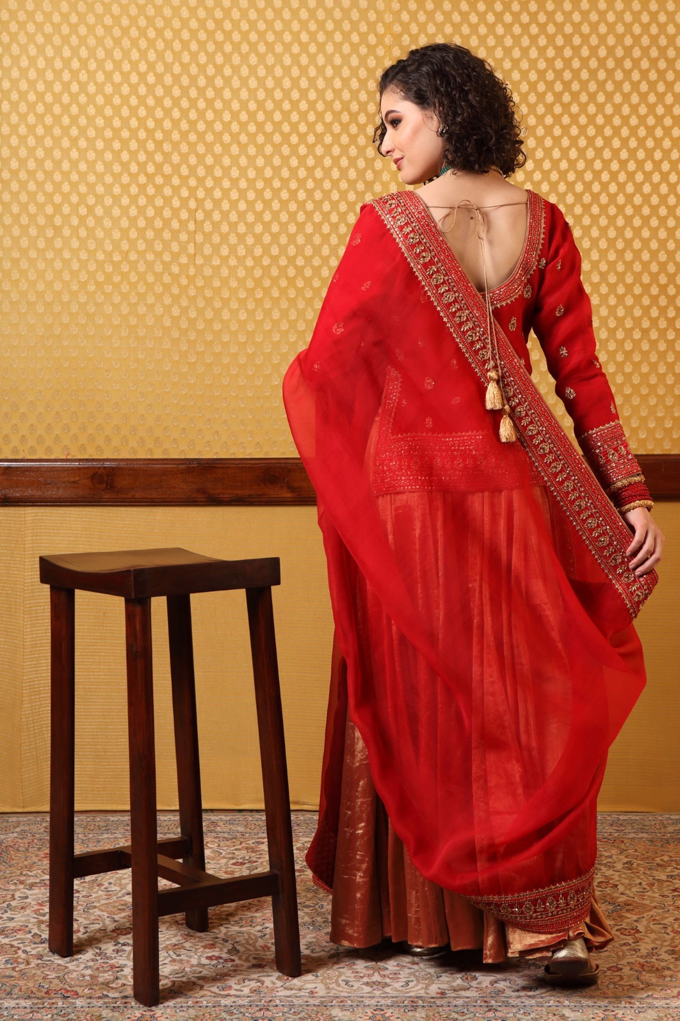 Handembroidered Bridal Red Short Kurta And Pure Metallic Silk Sharara Set