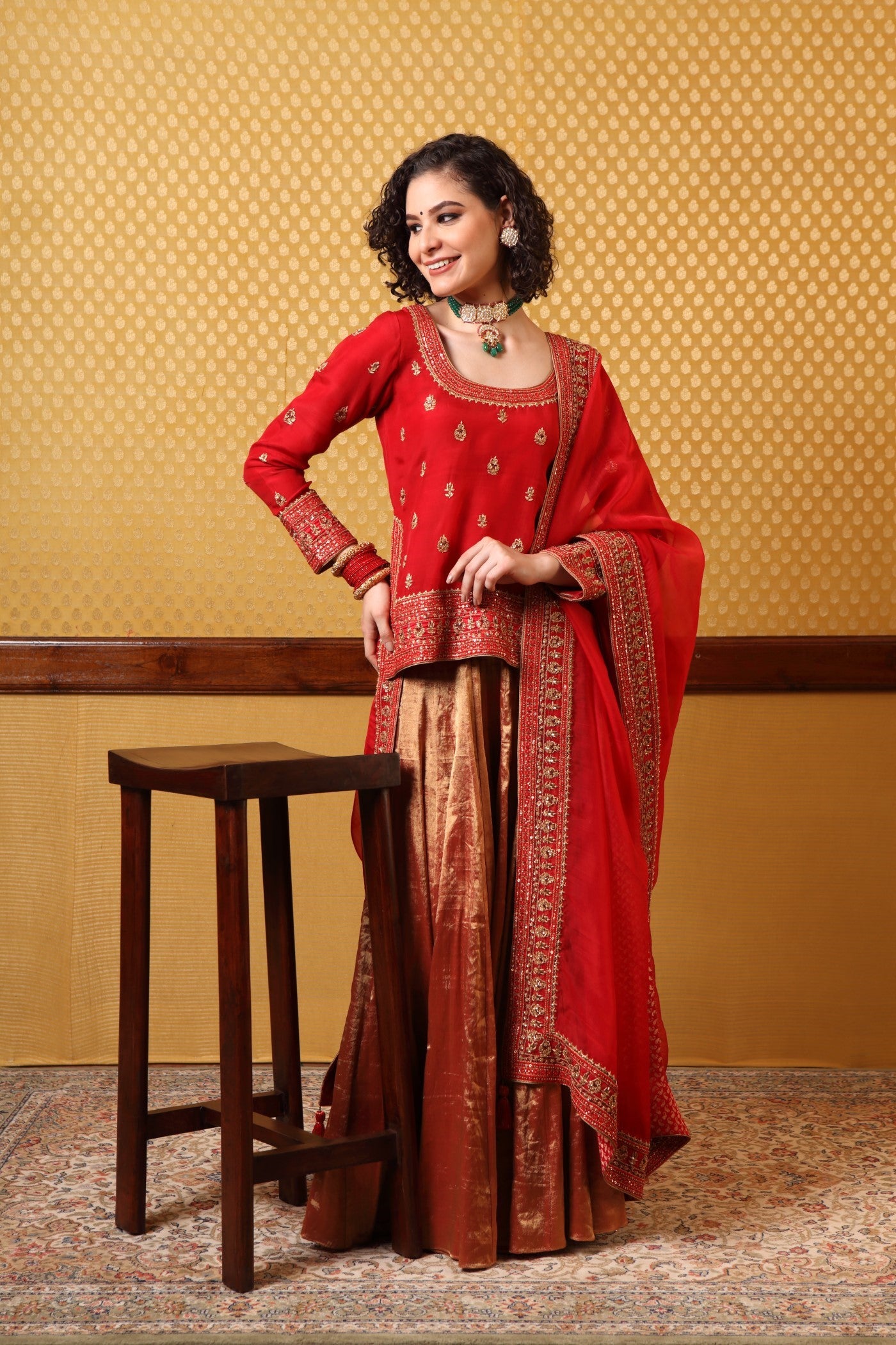 Handembroidered Bridal Red Short Kurta And Pure Metallic Silk Sharara Set