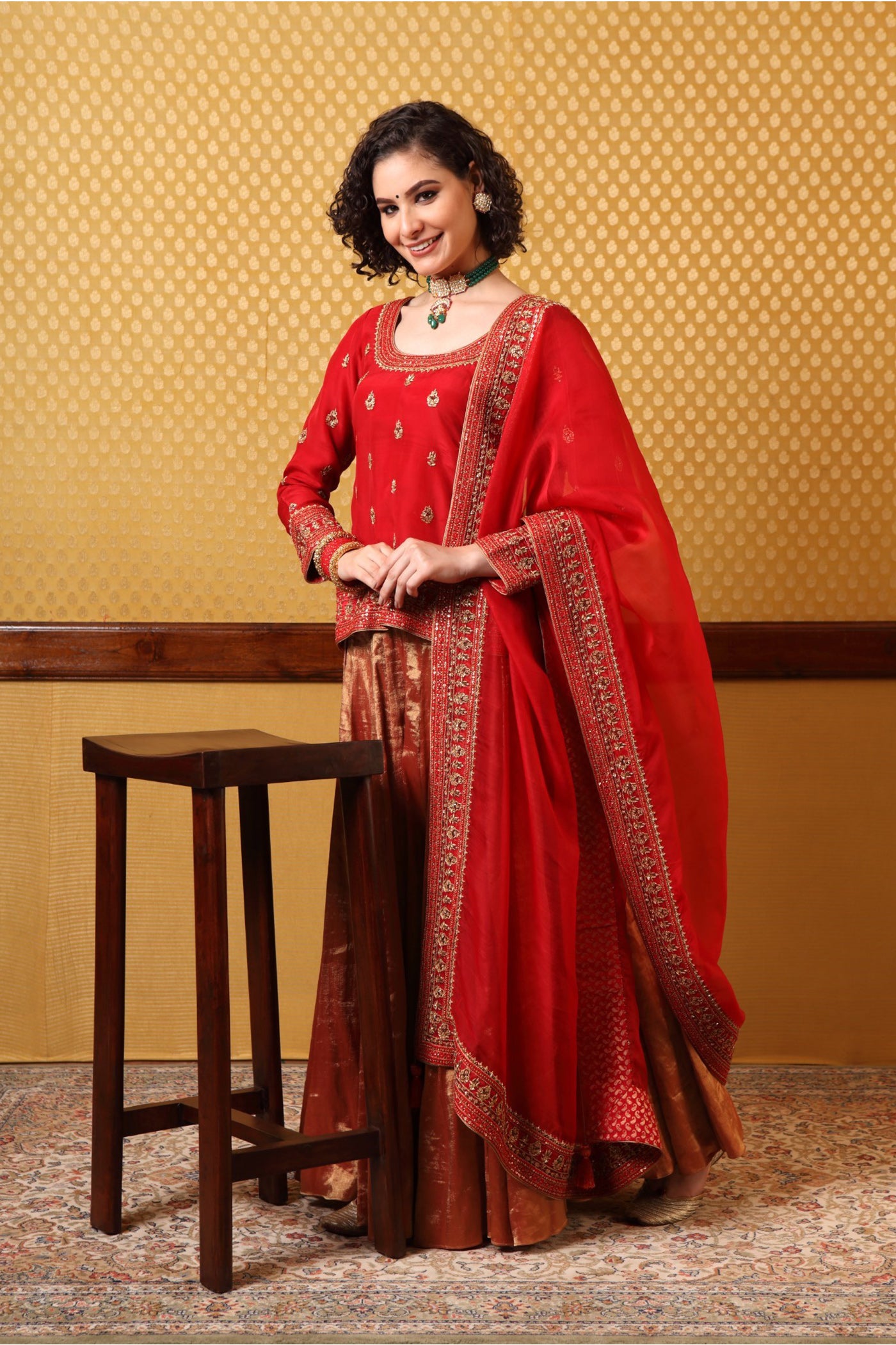 Handembroidered Bridal Red Short Kurta And Pure Metallic Silk Sharara Set