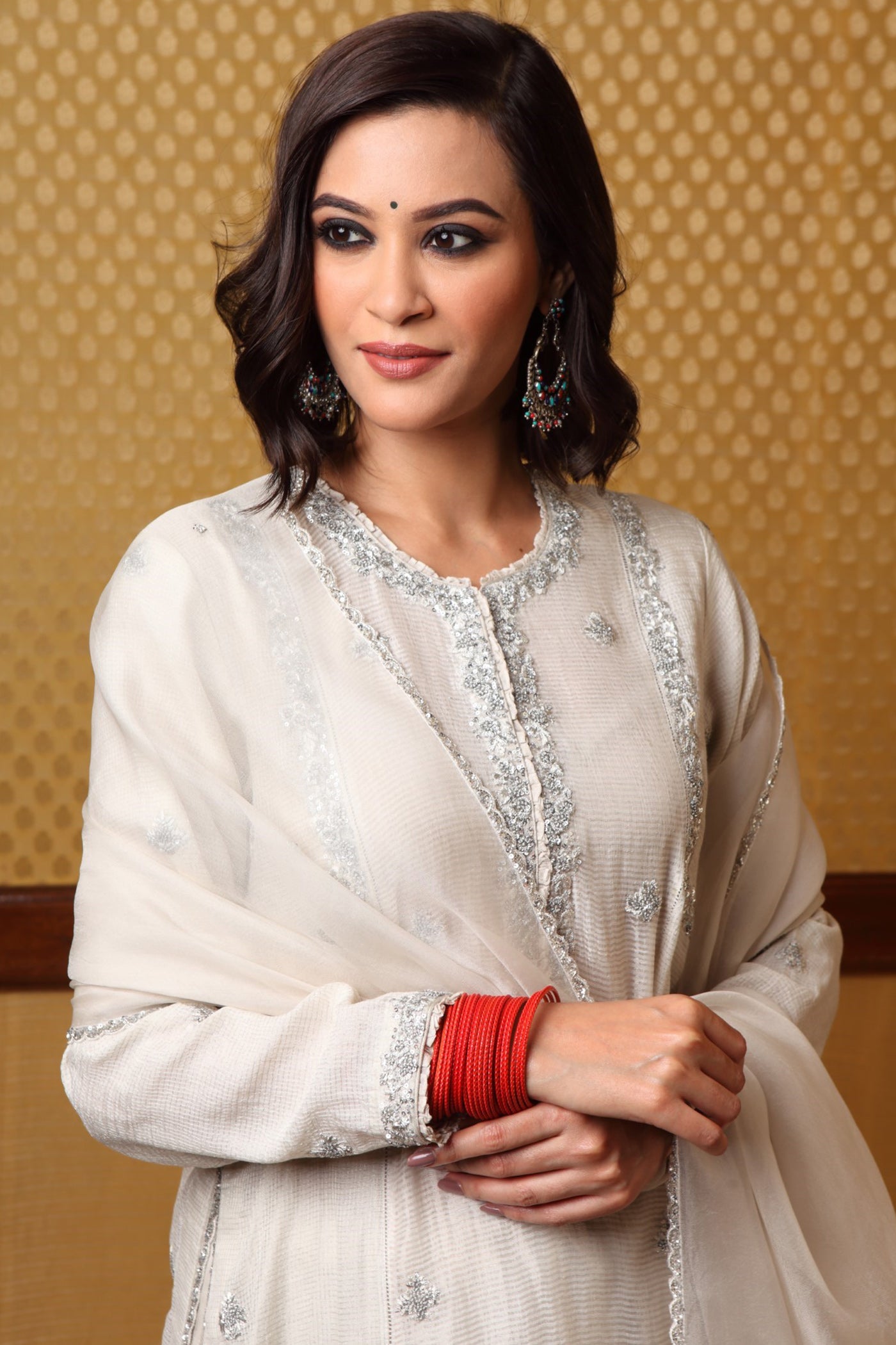 Handembroidered Birch White Pure Silkcotton Kurta Sharara Set (A)