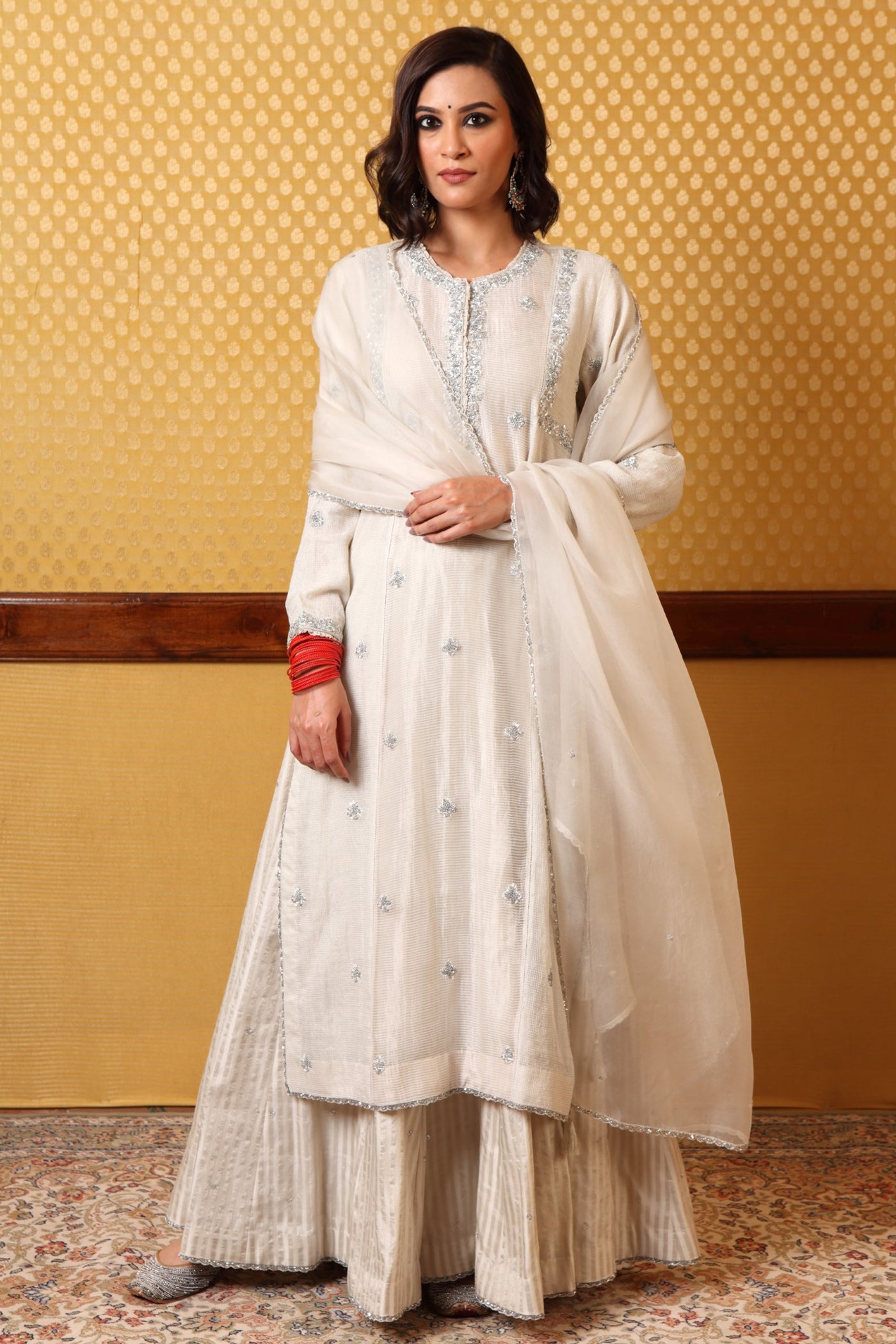 Handembroidered Birch White Pure Silkcotton Kurta Sharara Set (A)