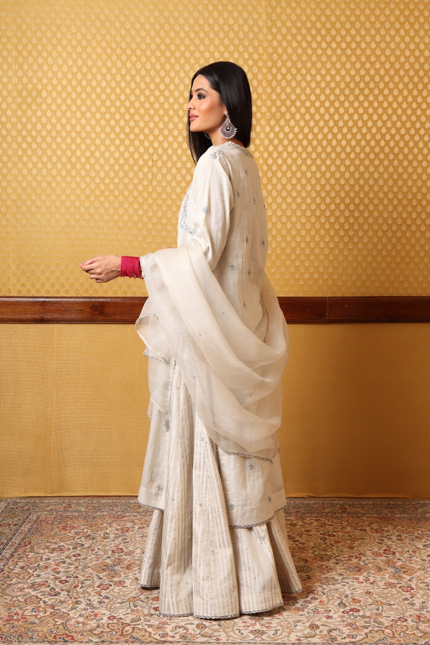 Hand Embroidered Birch White Pure Silk Cotton Kurta Sharara Set (B)