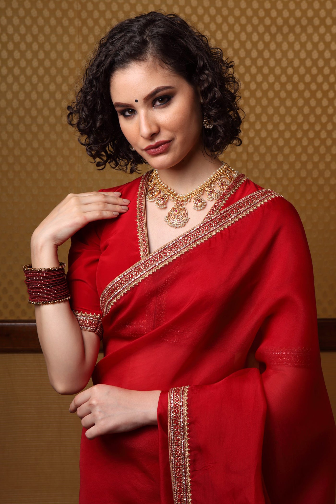 Handembroidered Cherry Maroon Pure Silkorganza Sareeblouse Set