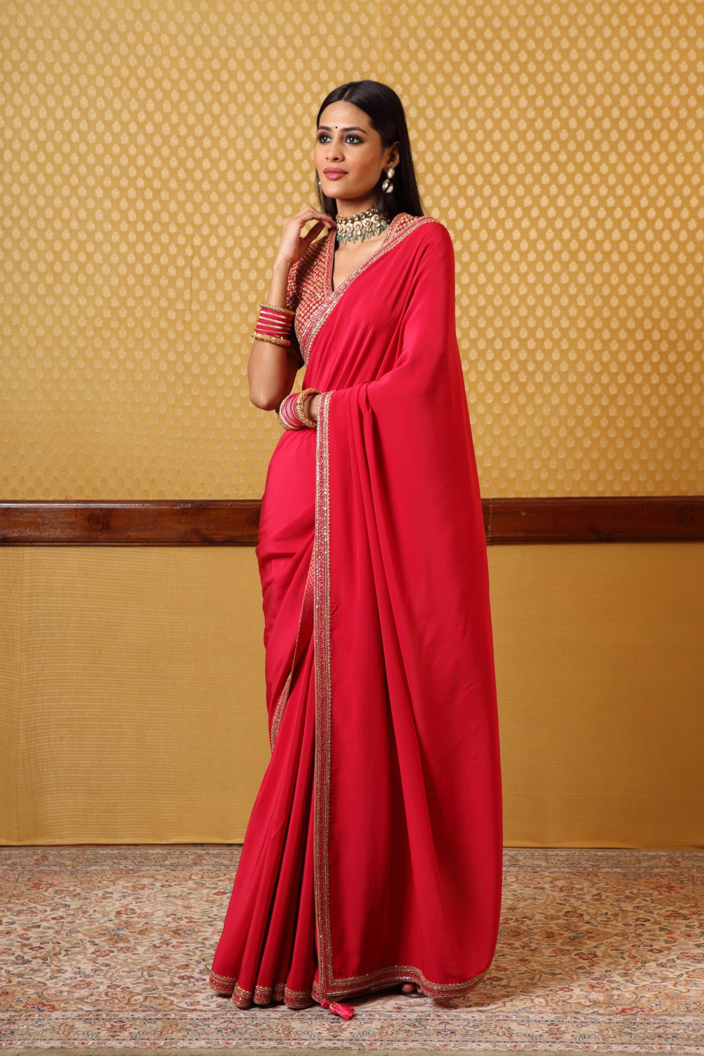 Handembroidered Crimson Pink Pure Crepesilk Sareeblouse Set
