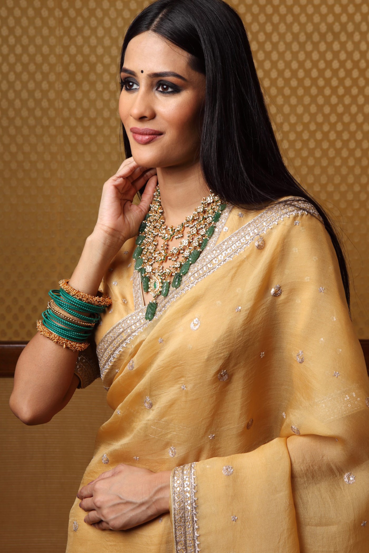 Handembroidered Dustyyellow Pure Silkorganza Saree Blouse Set With Chand Buta